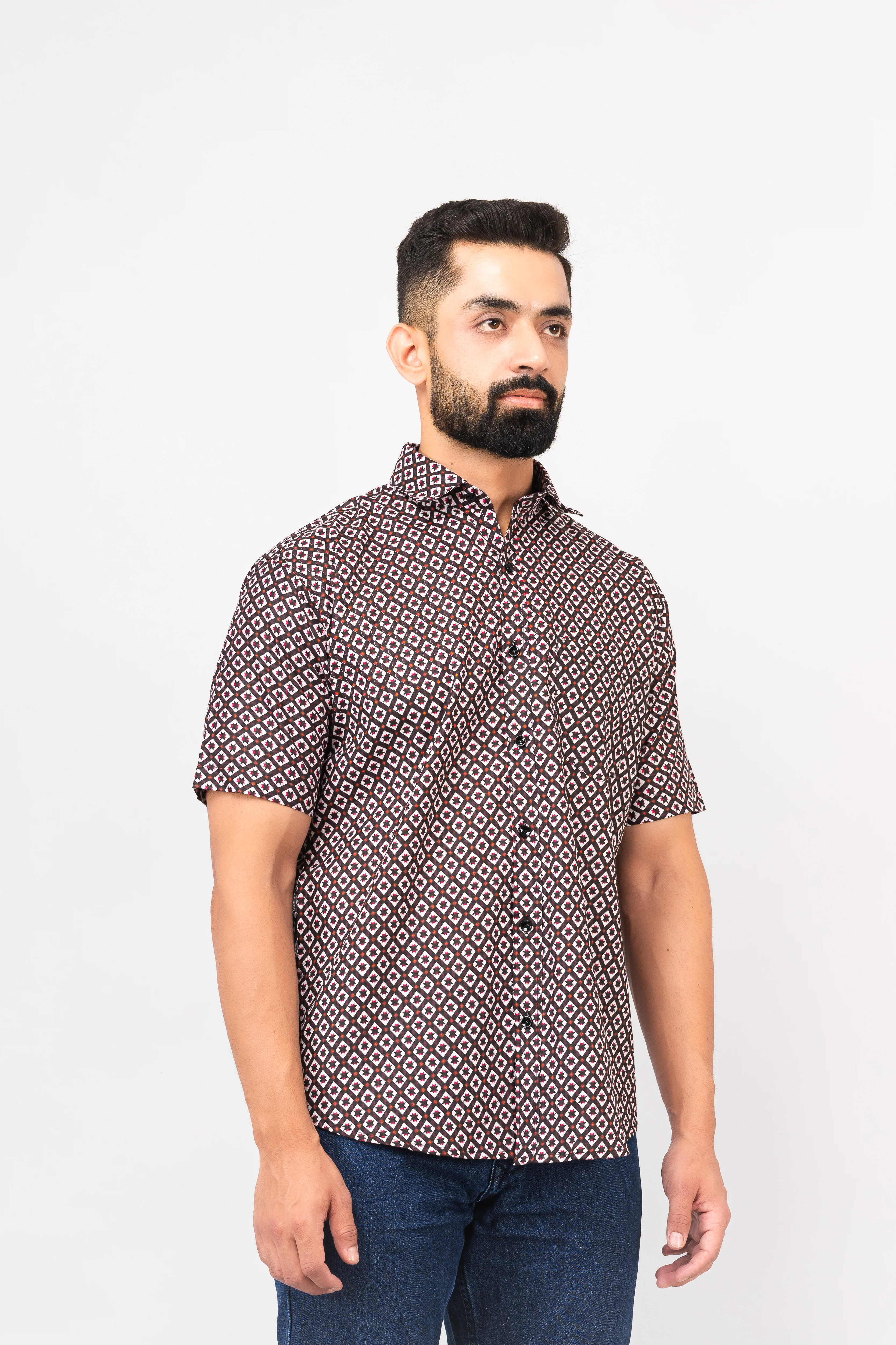 Balck Traditional Geomatric Printed Half Sleeves Shirt - Image 3