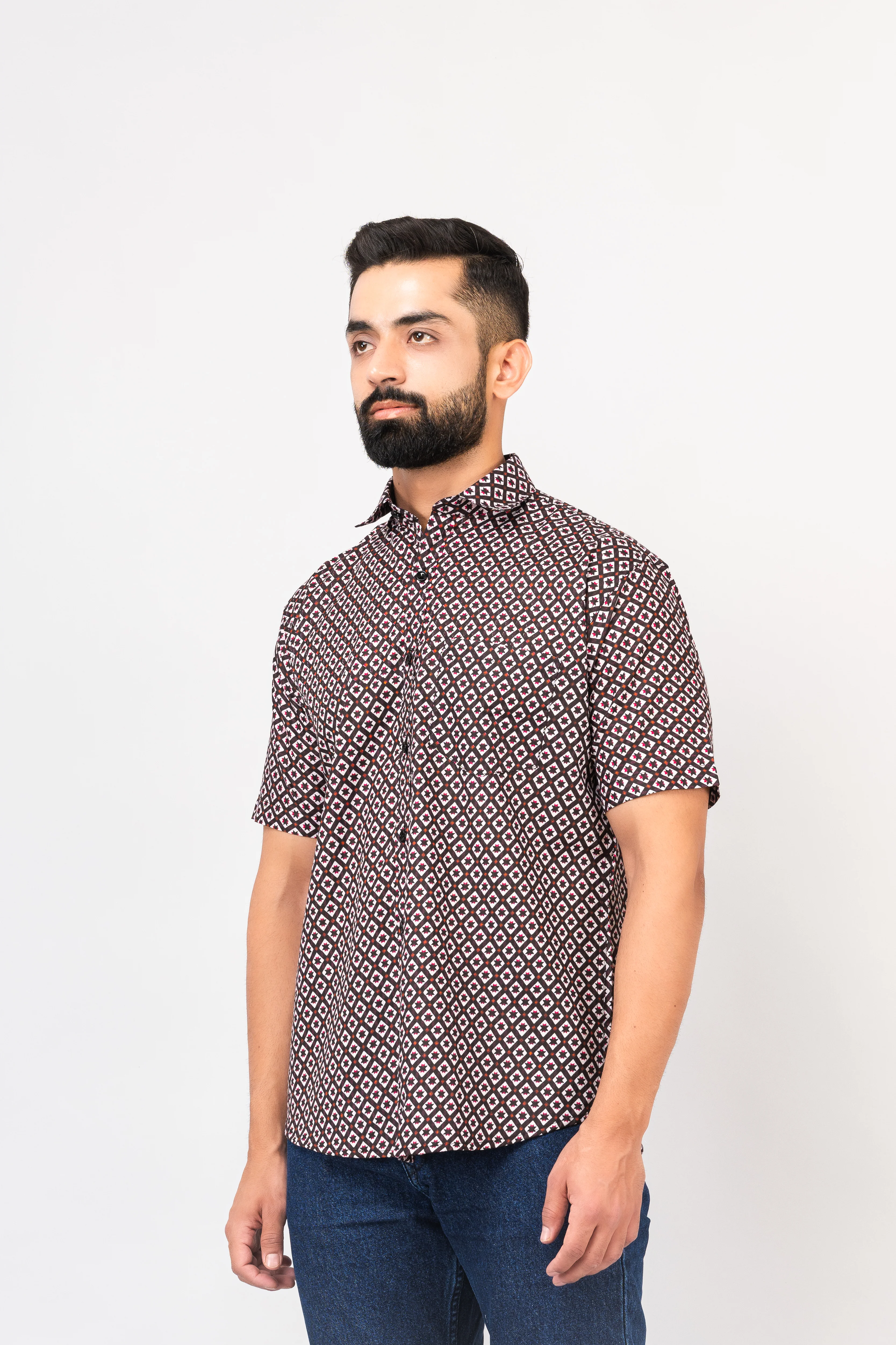 Balck Traditional Geomatric Printed Half Sleeves Shirt - Image 4