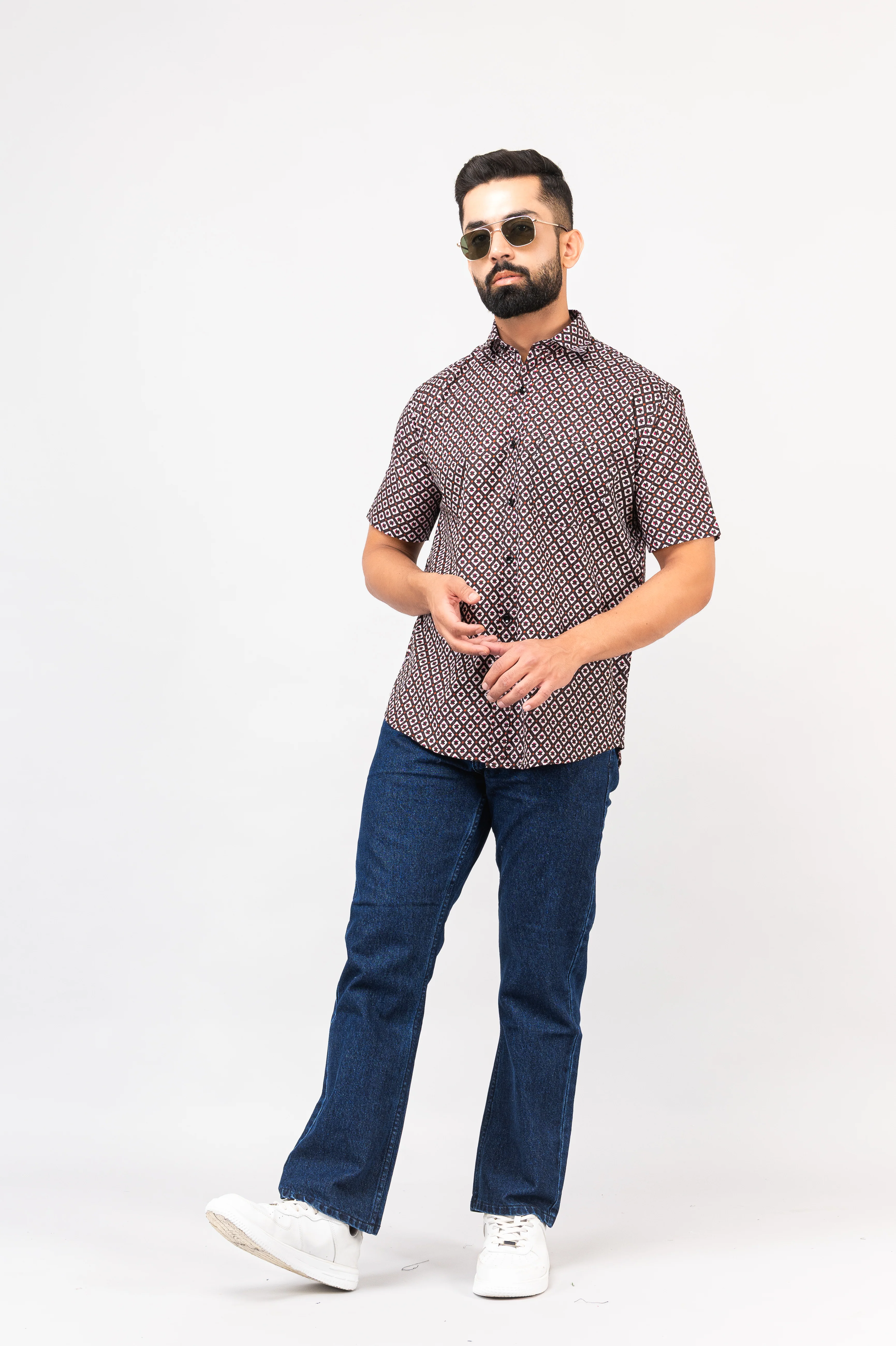 Balck Traditional Geomatric Printed Half Sleeves Shirt - Image 8