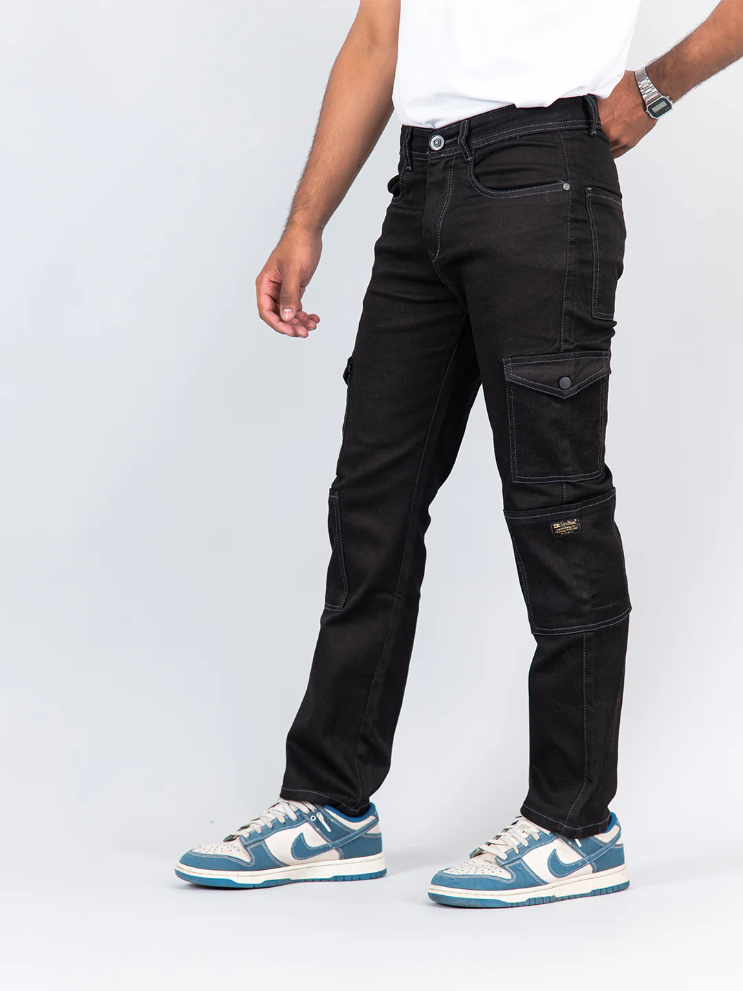 Black Straight Fit Cargo Denim Jeans - Image 4