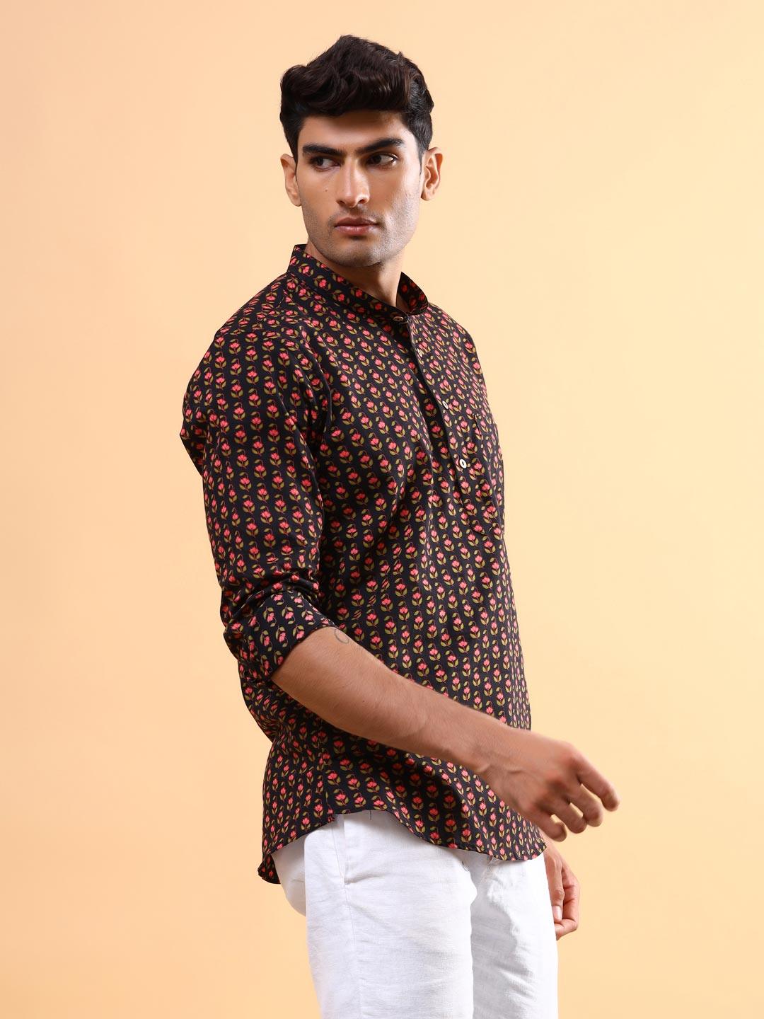Black Blossom Printed Cotton Kurta - Image 4