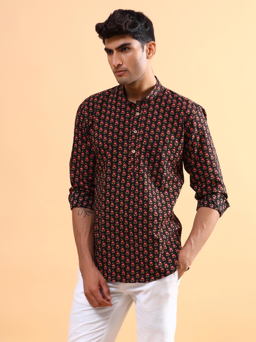 Black Blossom Printed Cotton Kurta - Image 5