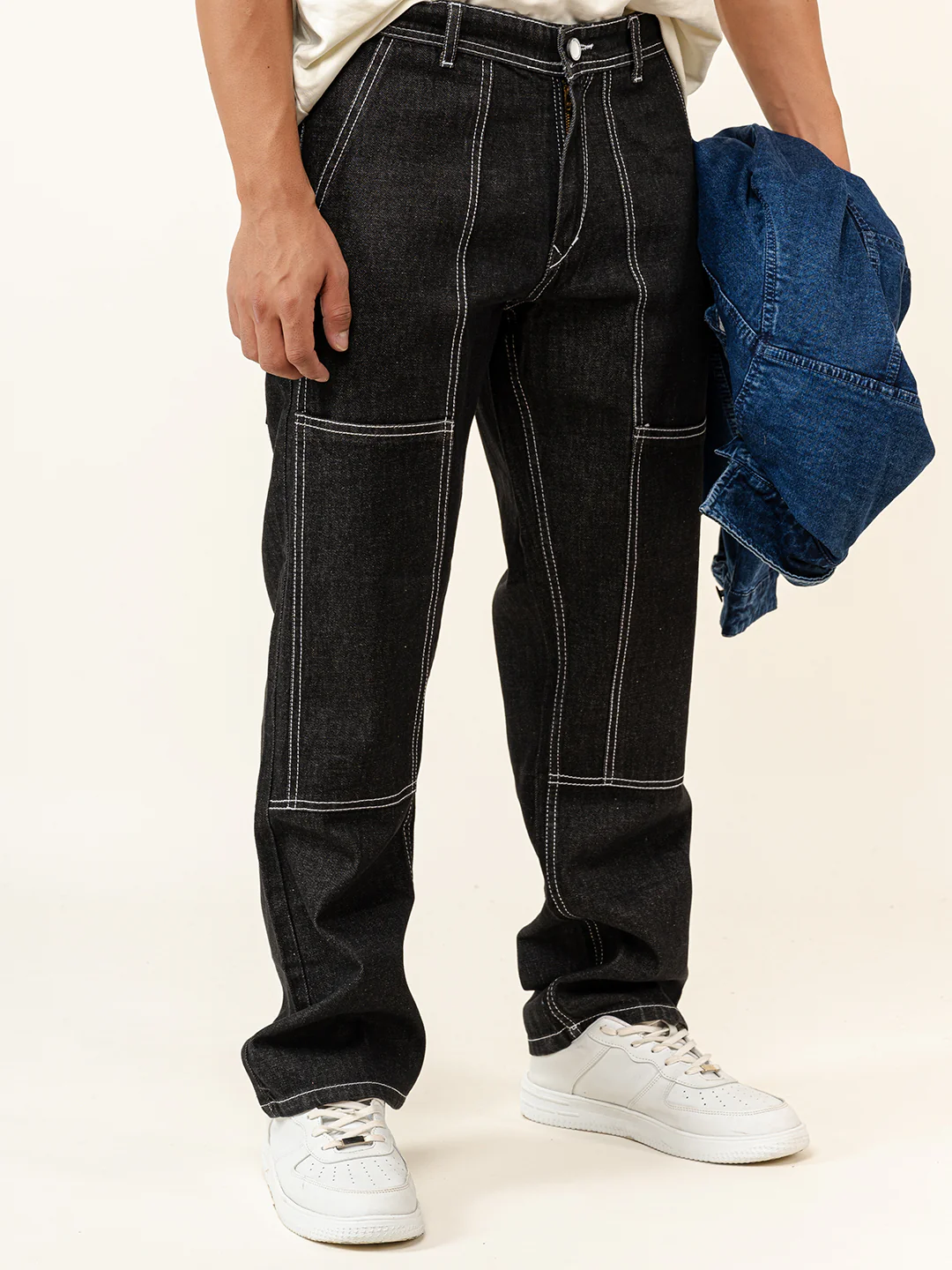 Black Flared Straight Fit Denim Cargo Jeans - Image 6