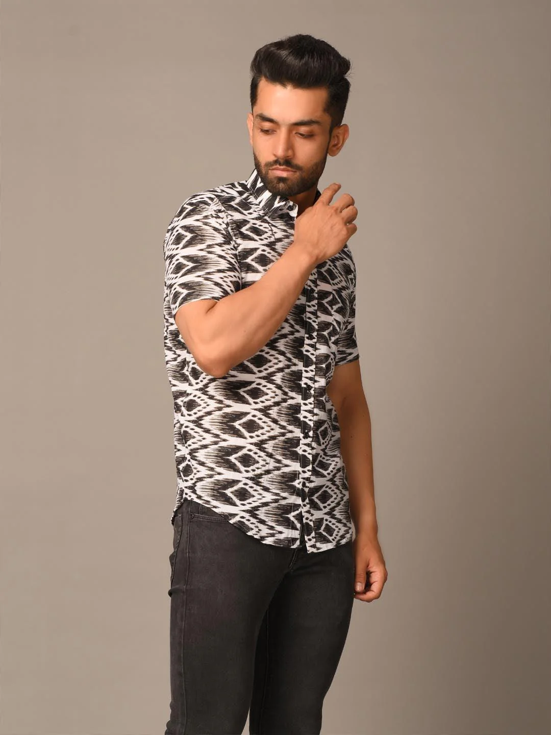 Black Ikat Printed Cotton Half Shirt - Image 3