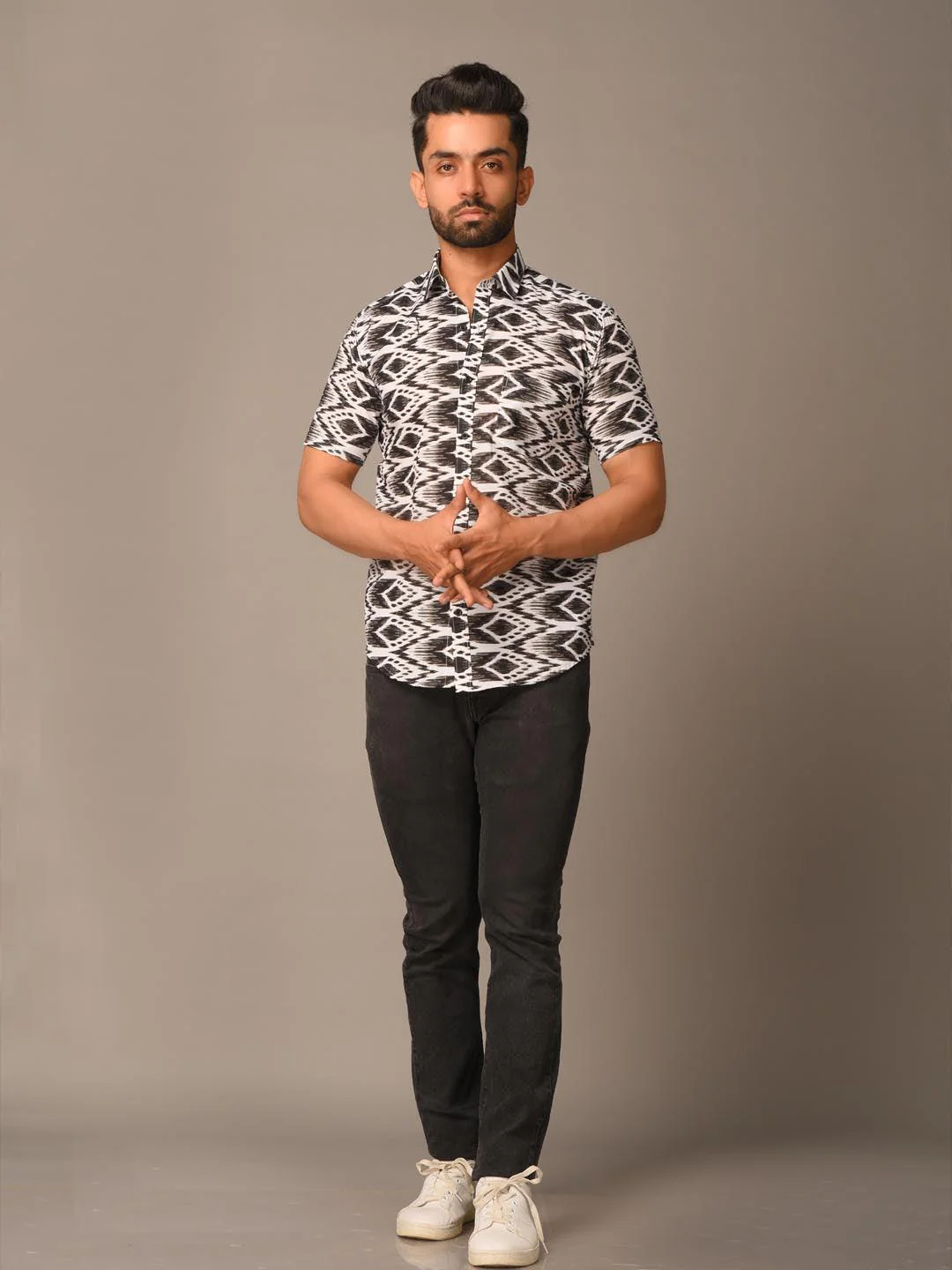 Black Ikat Printed Cotton Half Shirt - Image 6
