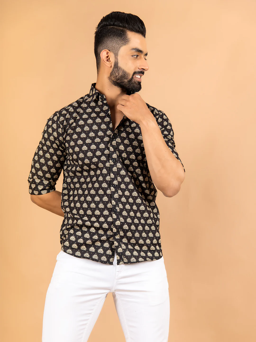 Black Jaipuri Cotton Printed Shirt For Men - Image 3