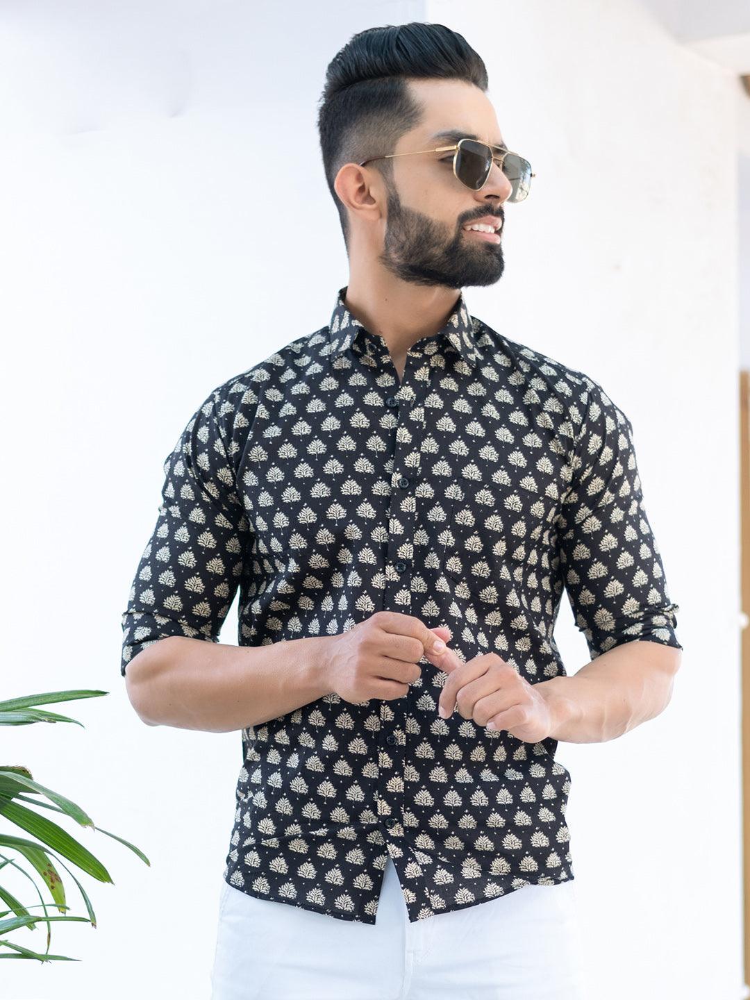 Black Jaipuri Cotton Printed Shirt For Men - Image 4