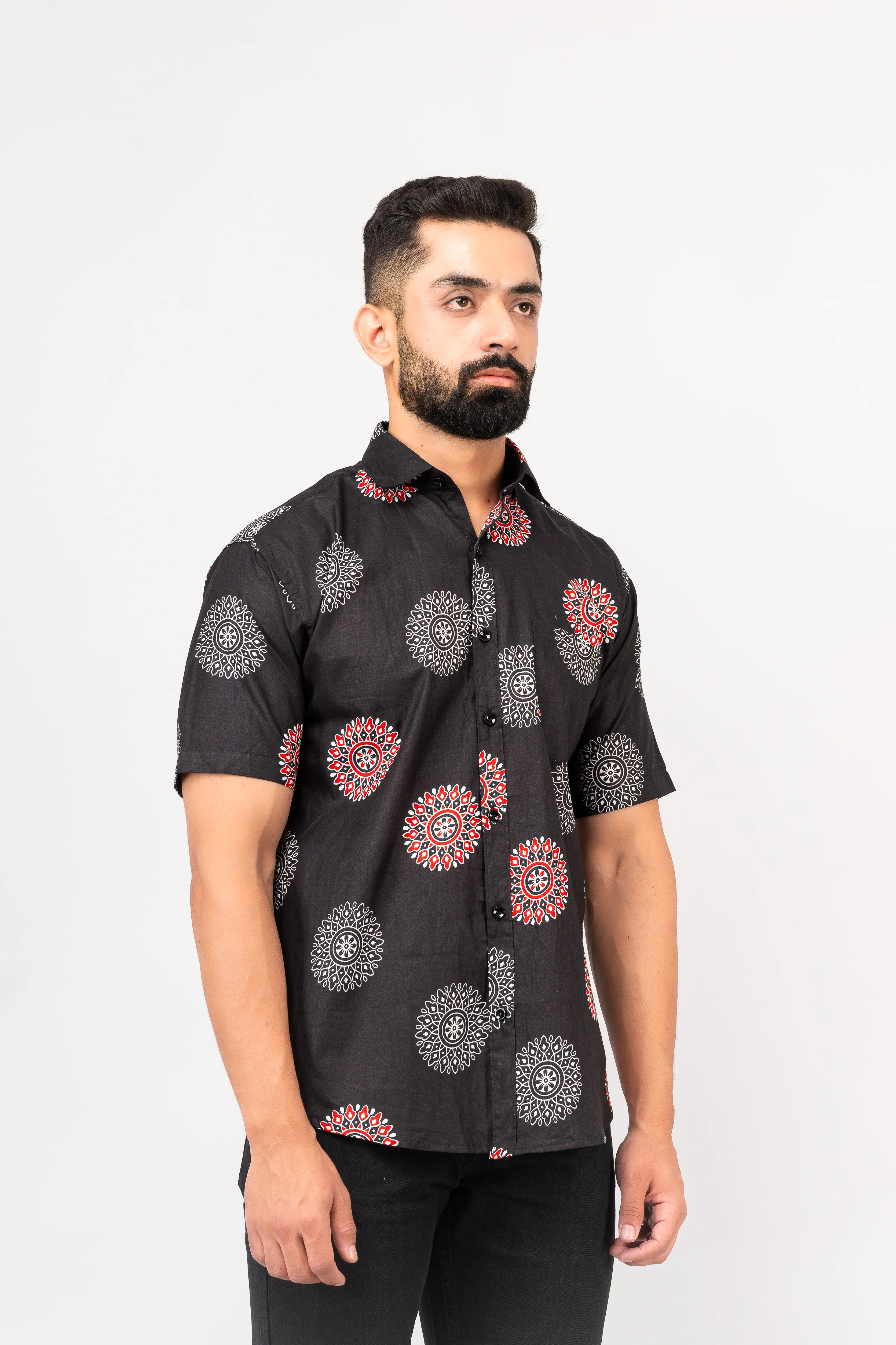 Black Mandala Print Half Sleeves Shirt - Image 3