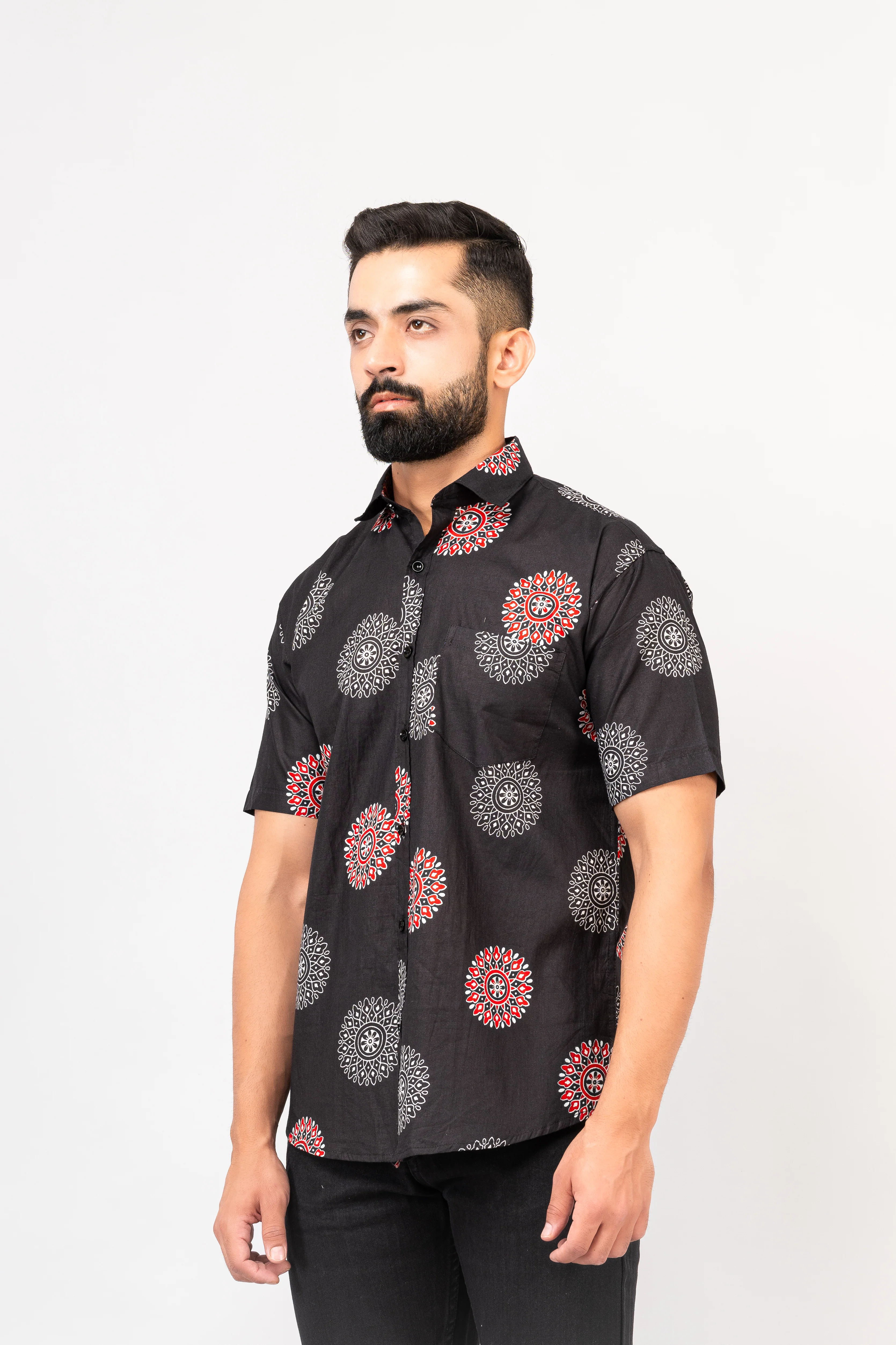Black Mandala Print Half Sleeves Shirt - Image 4