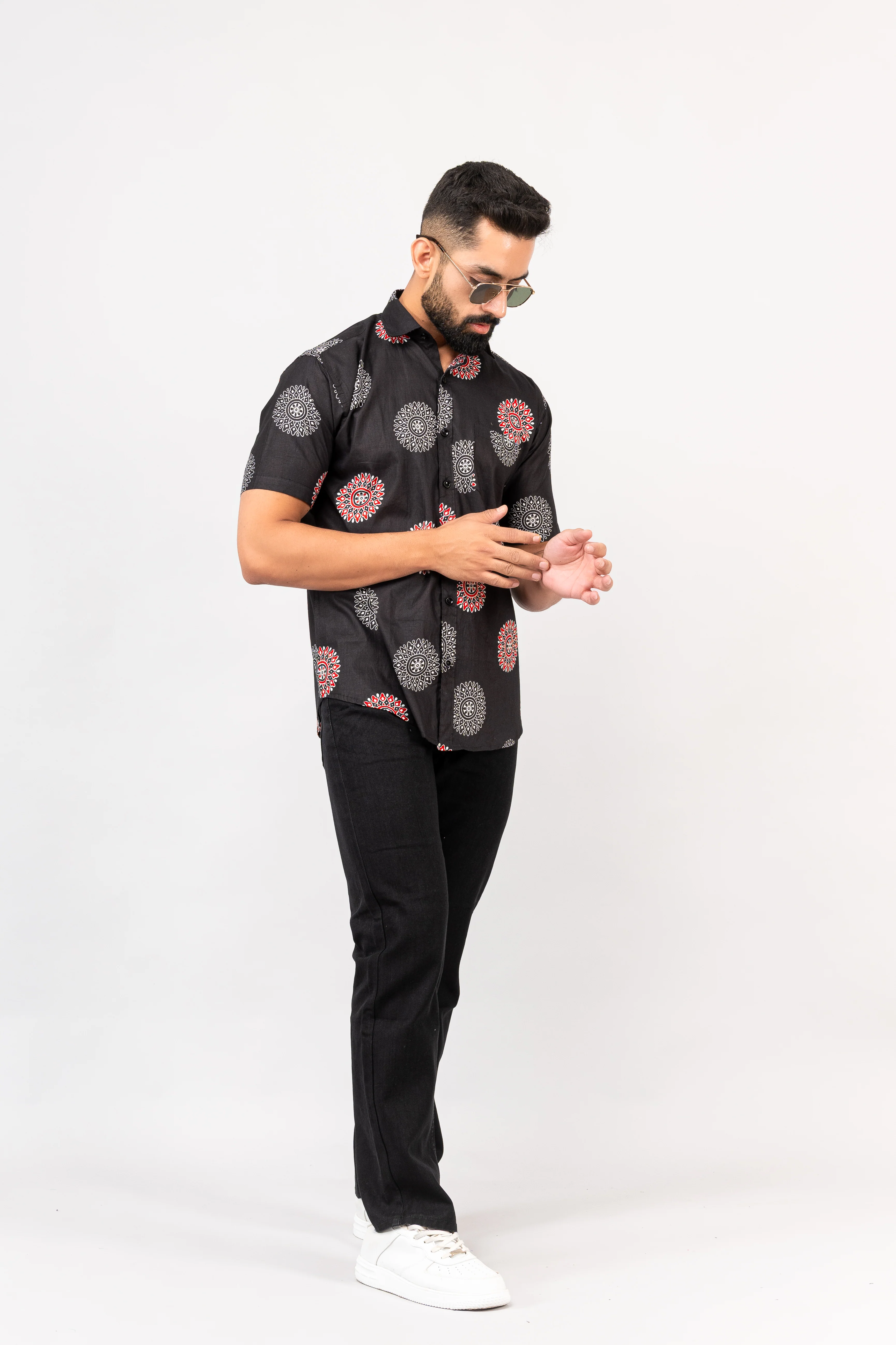 Black Mandala Print Half Sleeves Shirt - Image 6