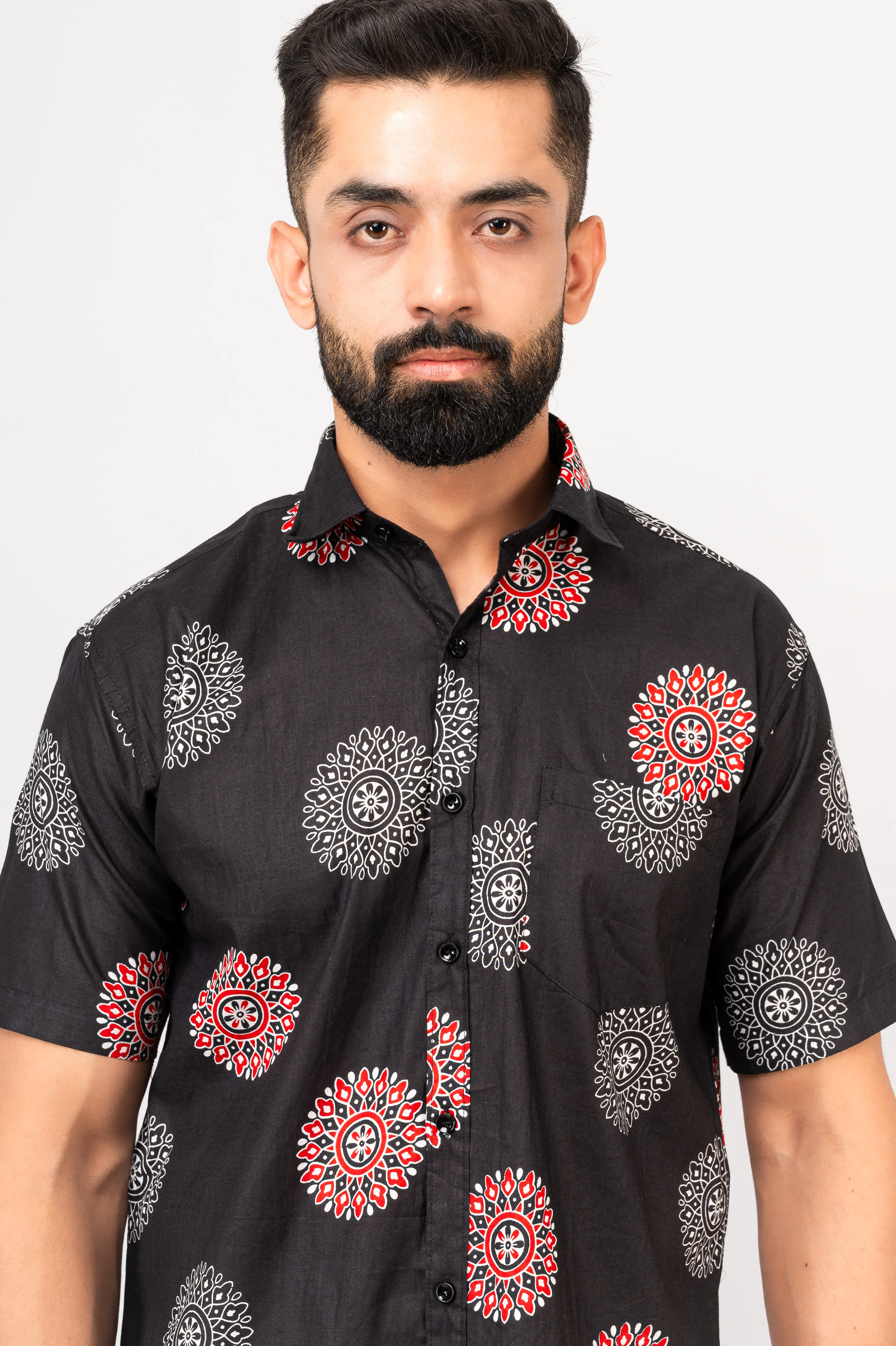 Black Mandala Print Half Sleeves Shirt - Image 7