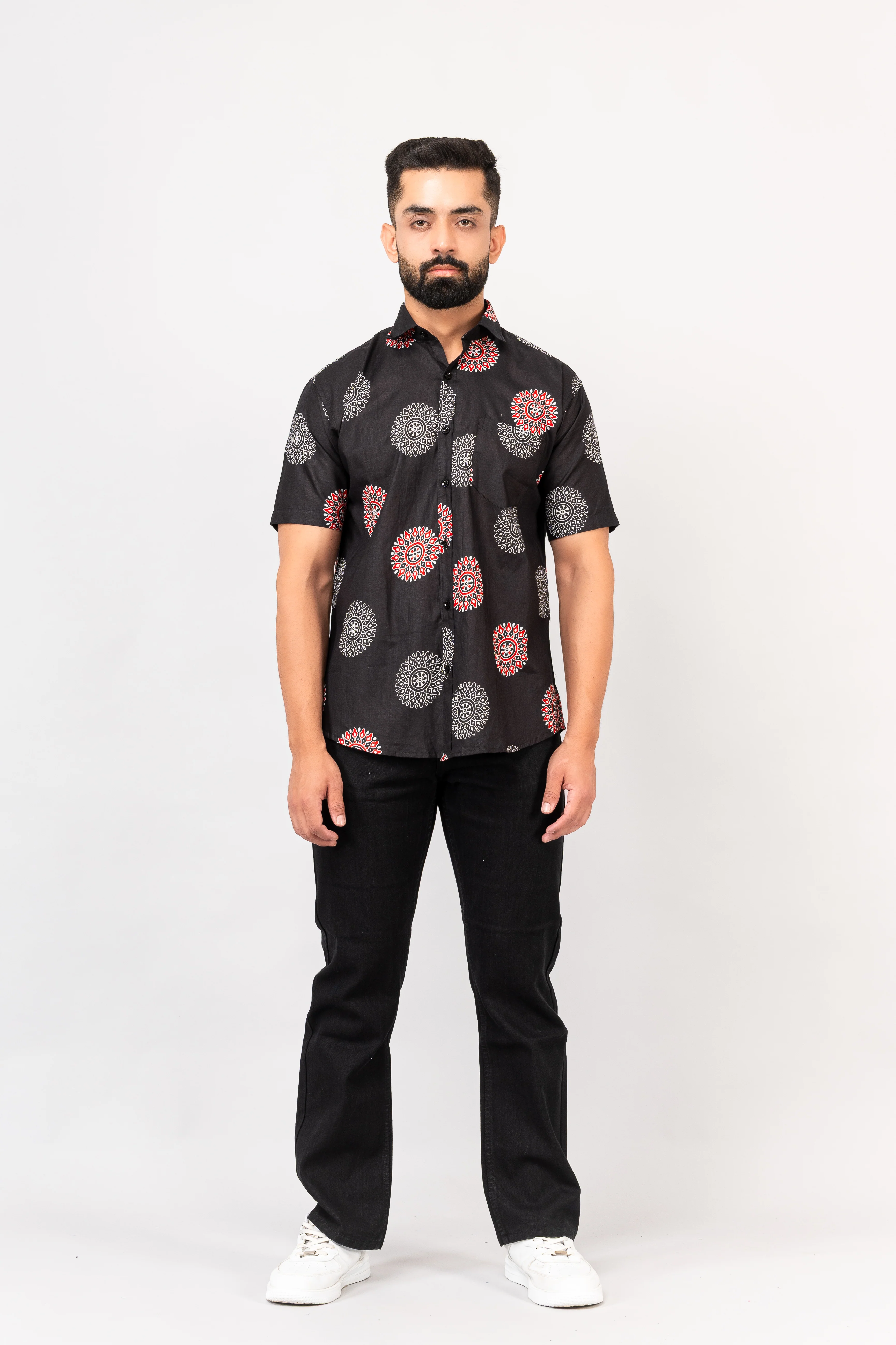 Black Mandala Print Half Sleeves Shirt - Image 8