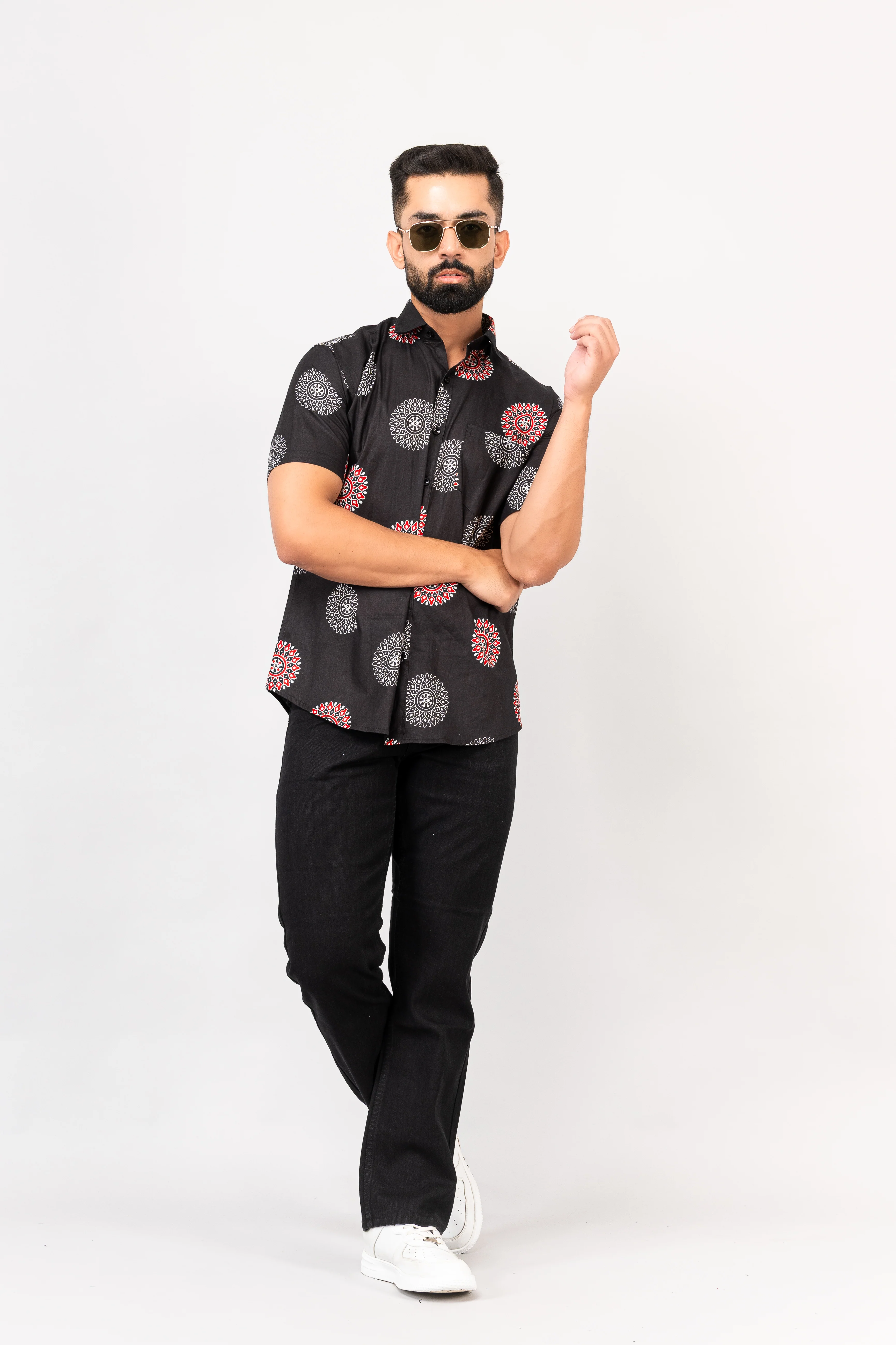 Black Mandala Print Half Sleeves Shirt - Image 9