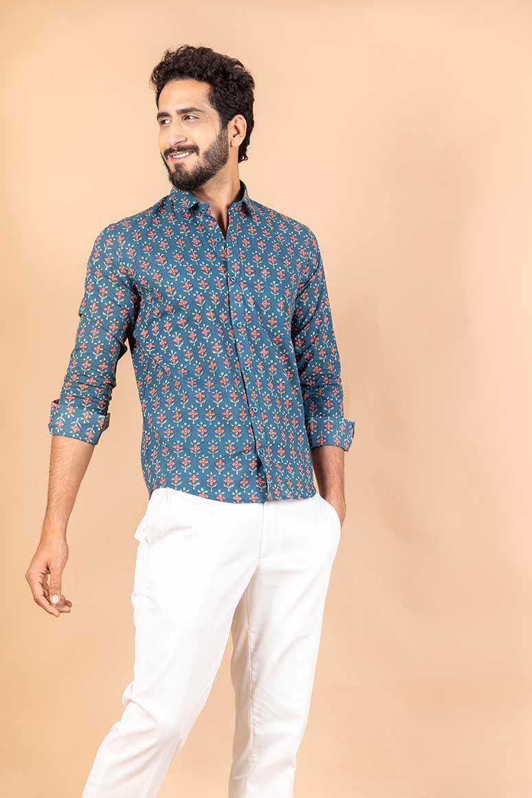 Blue Florescence Cotton Printed Shirt - Image 3