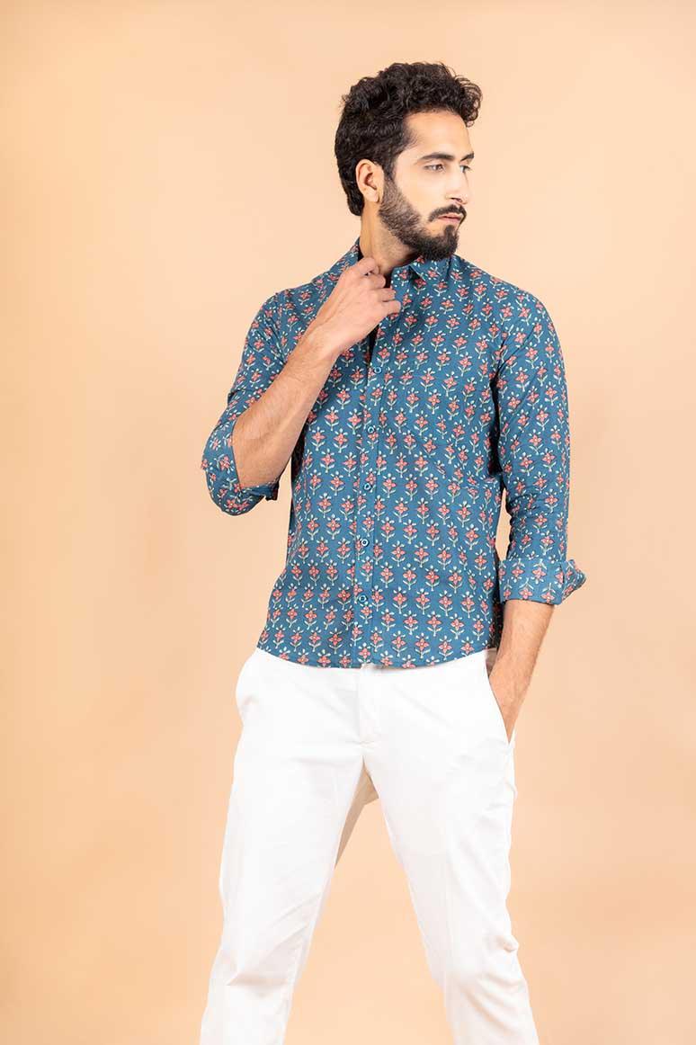 Blue Florescence Cotton Printed Shirt - Image 5