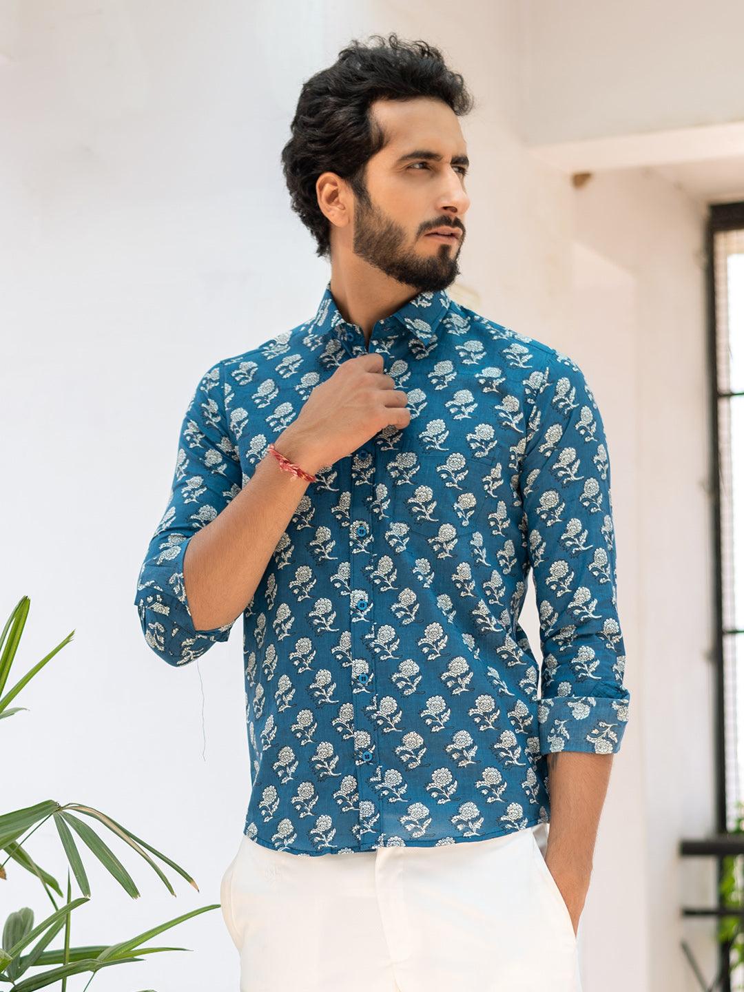 Blue Jaipuri Cotton Full Sleeves Printed Shirt - Image 3