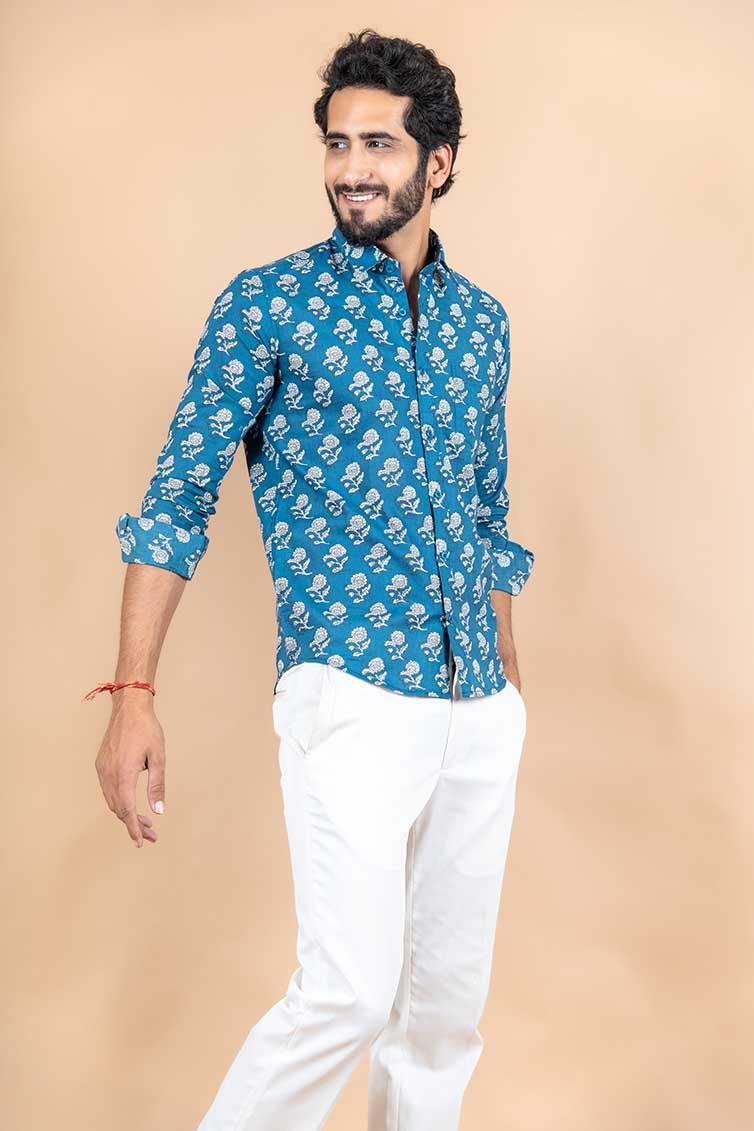 Blue Jaipuri Cotton Full Sleeves Printed Shirt - Image 4