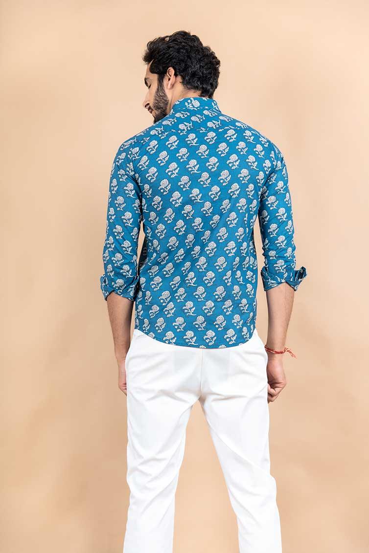 Blue Jaipuri Cotton Full Sleeves Printed Shirt - Image 5