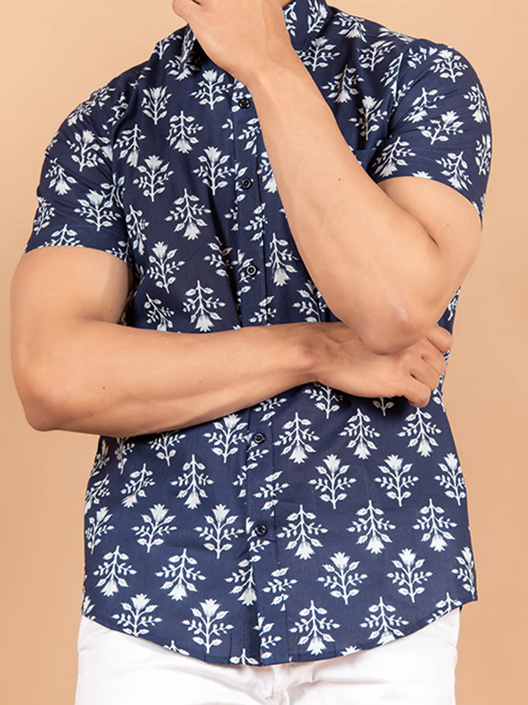 Blue Jaipuri Cotton Half Printed Shirts For Men - Image 3