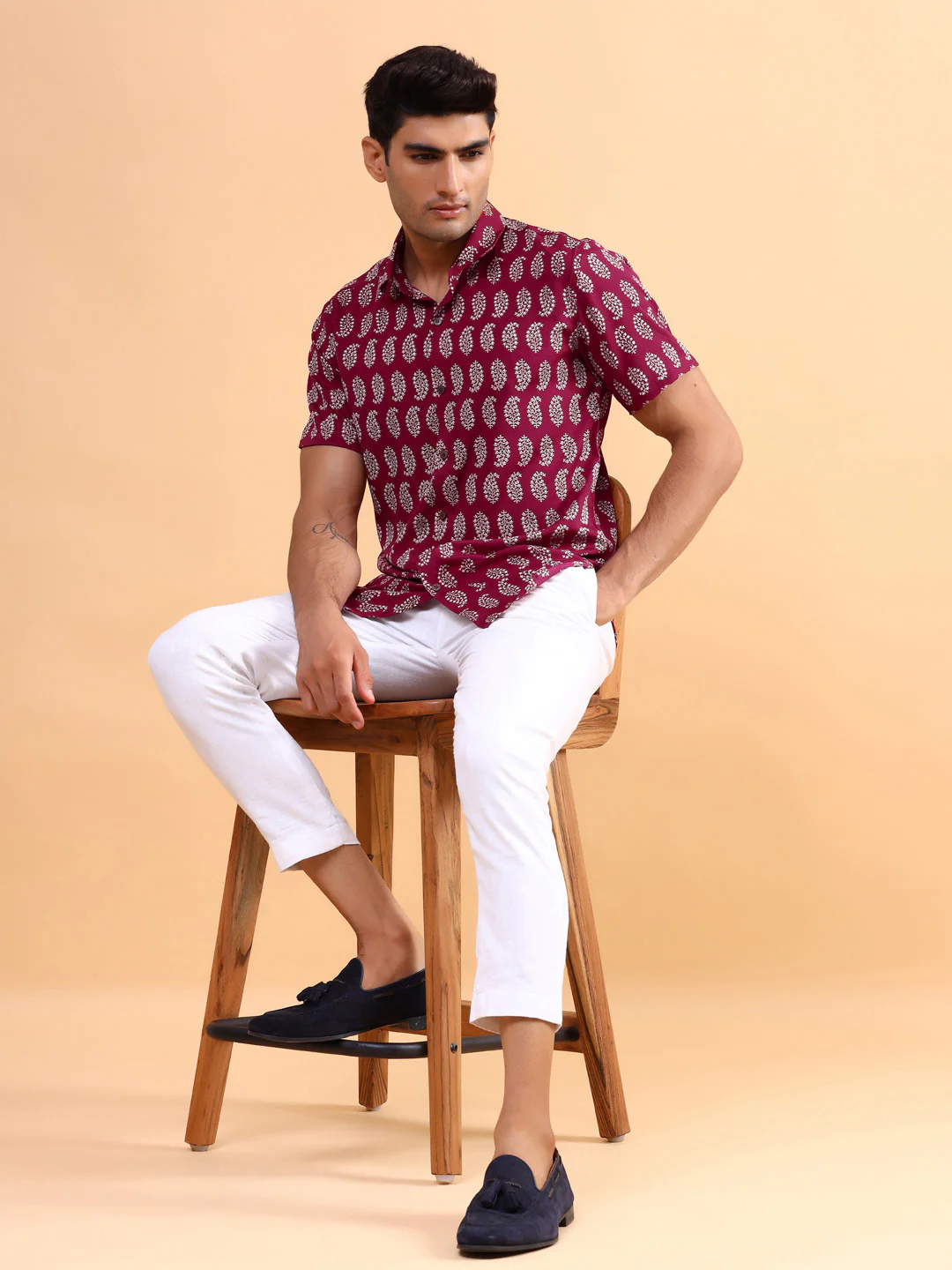 Burgundy Leaf Half Sleeves Printed Shirt For Men - Image 3