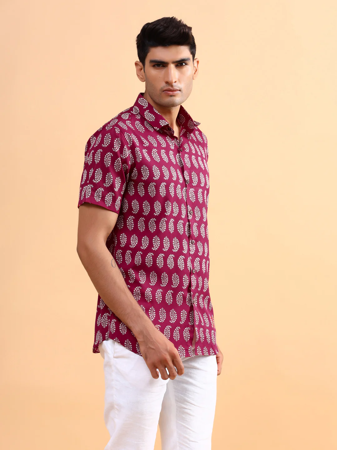 Burgundy Leaf Half Sleeves Printed Shirt For Men - Image 4