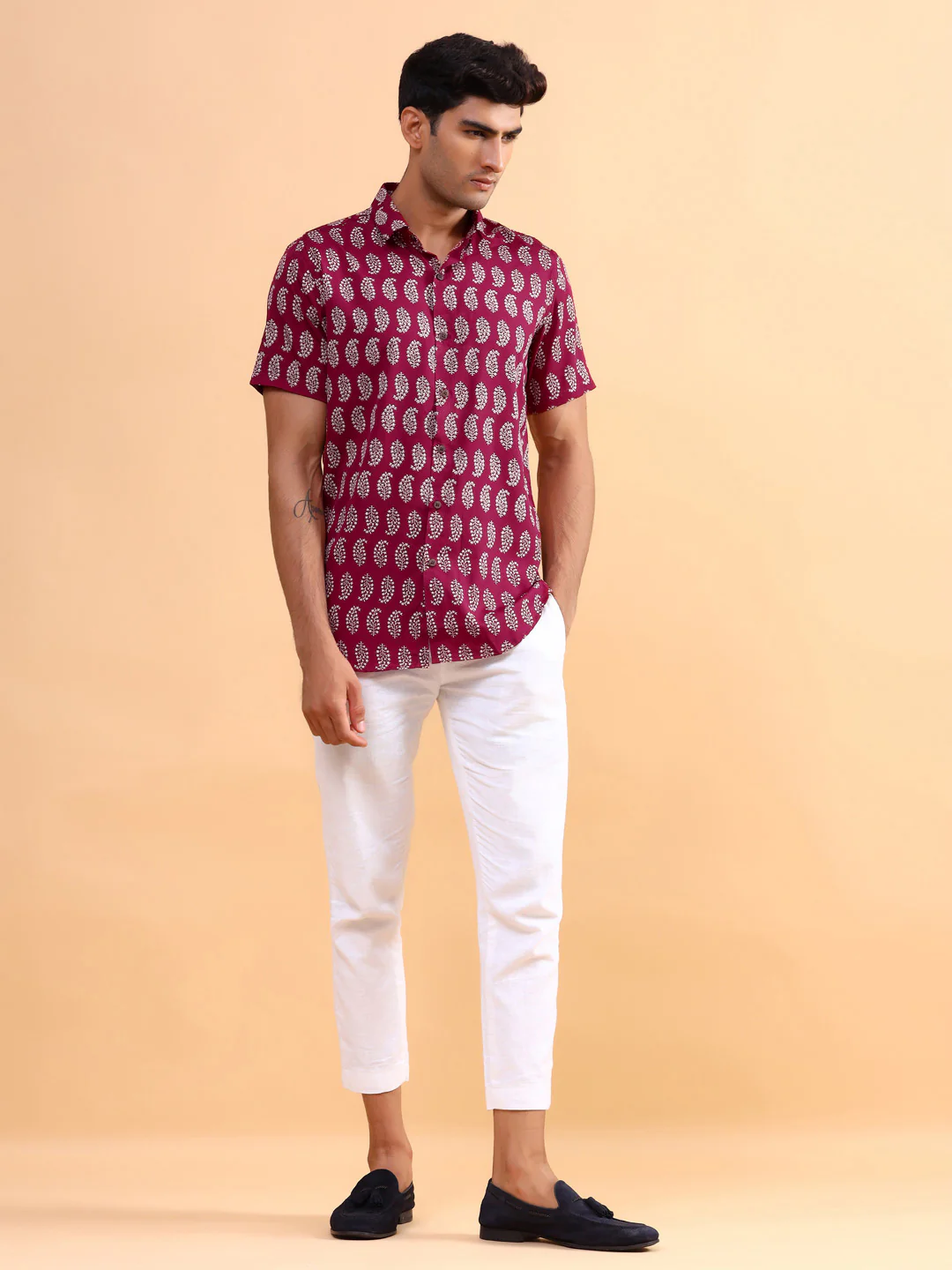 Burgundy Leaf Half Sleeves Printed Shirt For Men - Image 6