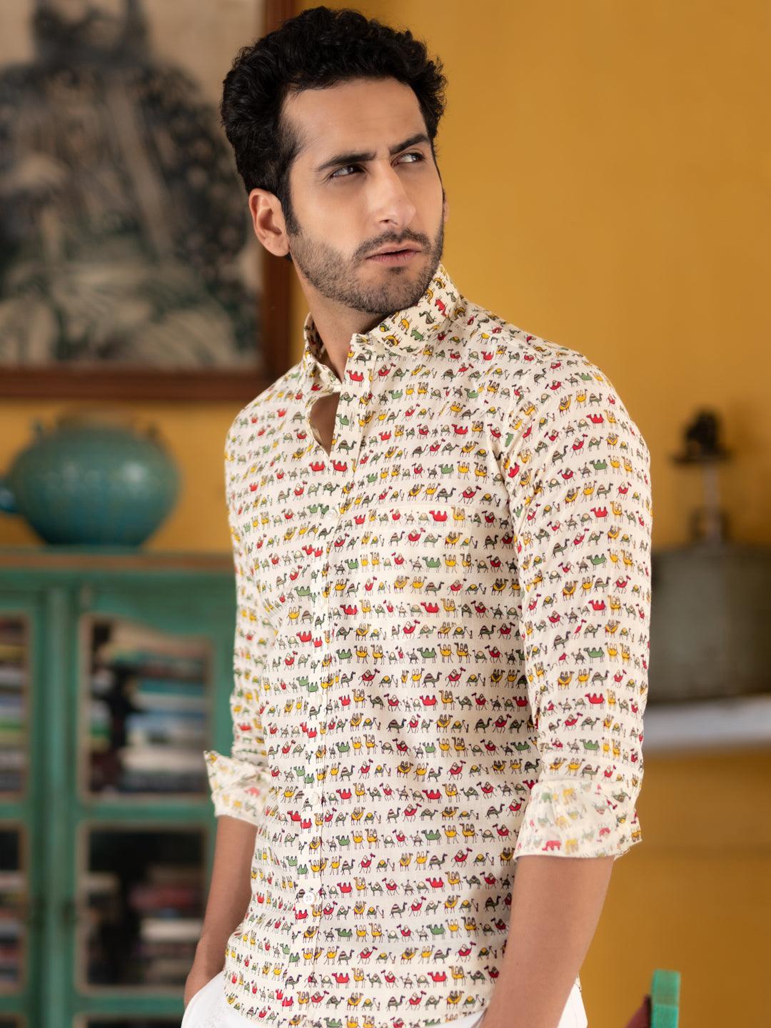 Camel Jaipuri Printed Shirt For Men - Image 3