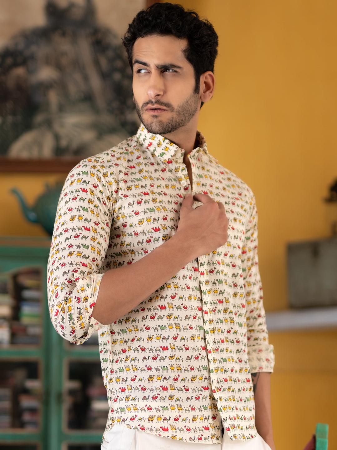 Camel Jaipuri Printed Shirt For Men - Image 4
