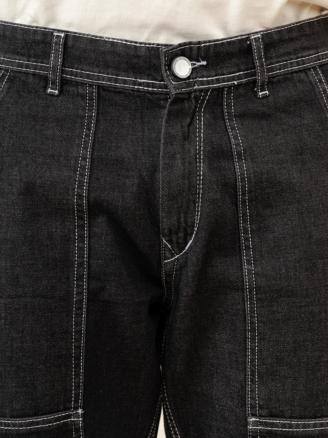 Carbon Black Flared Straight Fit Denim Cargo Jeans - Image 3