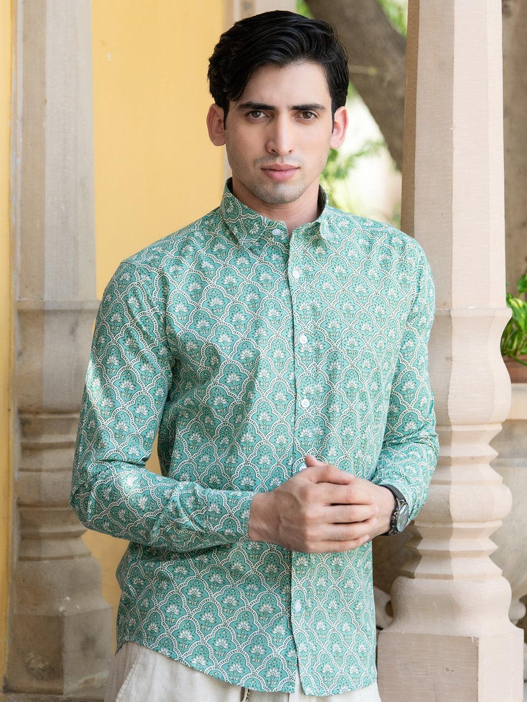 Cotton Sea Green Jaipuri Printed Shirt - Image 3