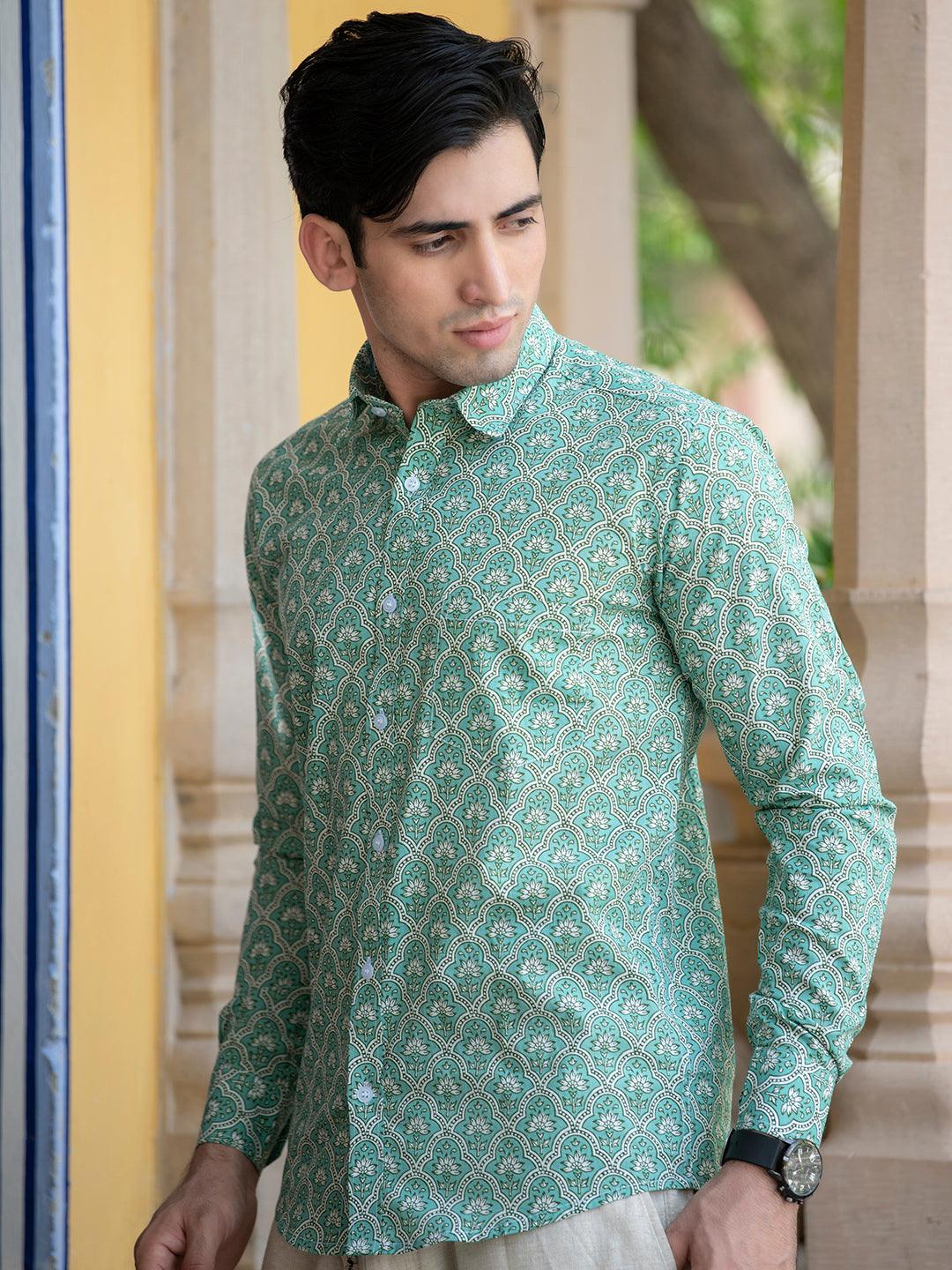 Cotton Sea Green Jaipuri Printed Shirt - Image 4