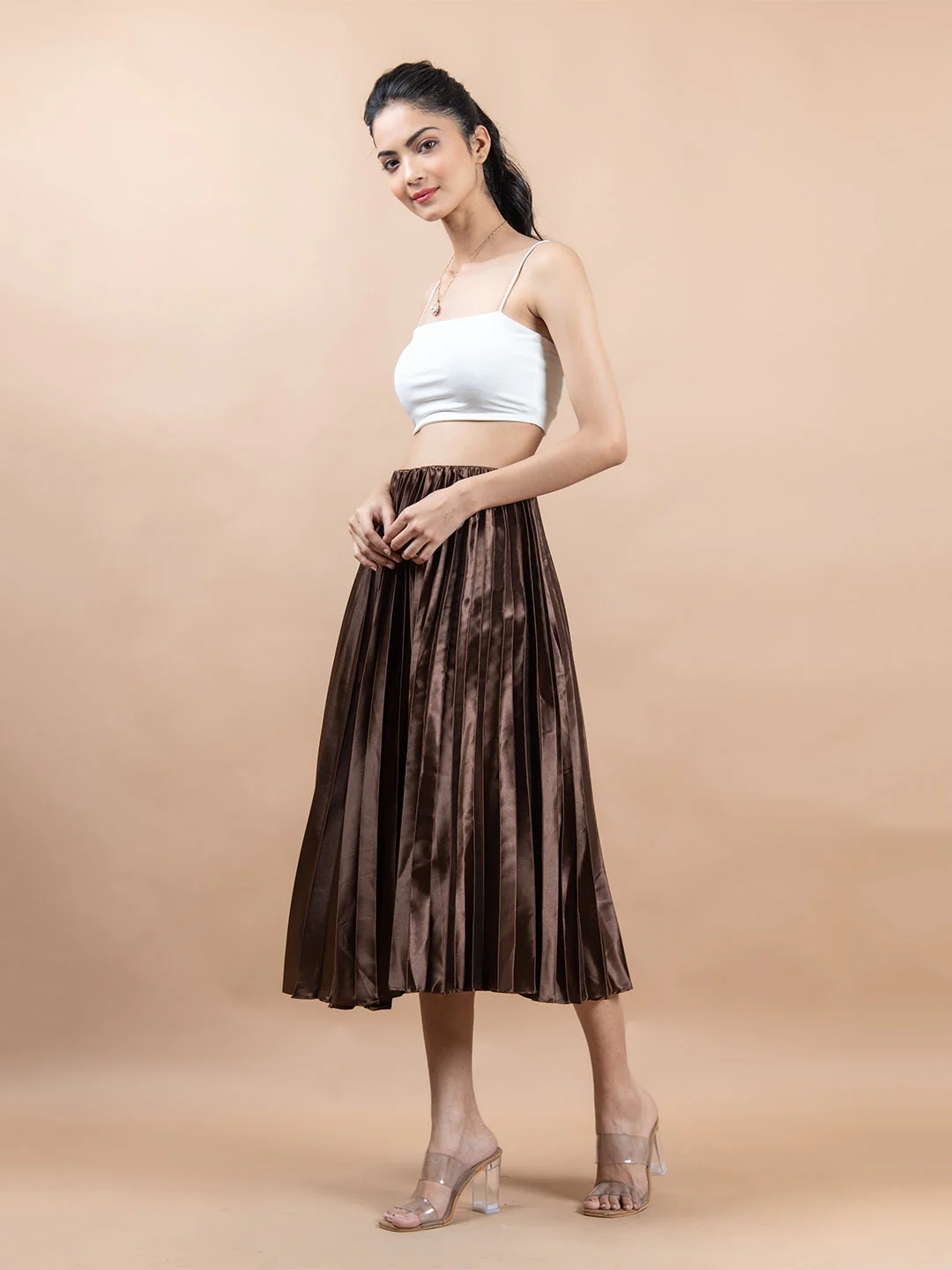 Dark Brown Flared Skirt with Accordion Pleats For Women - Image 3