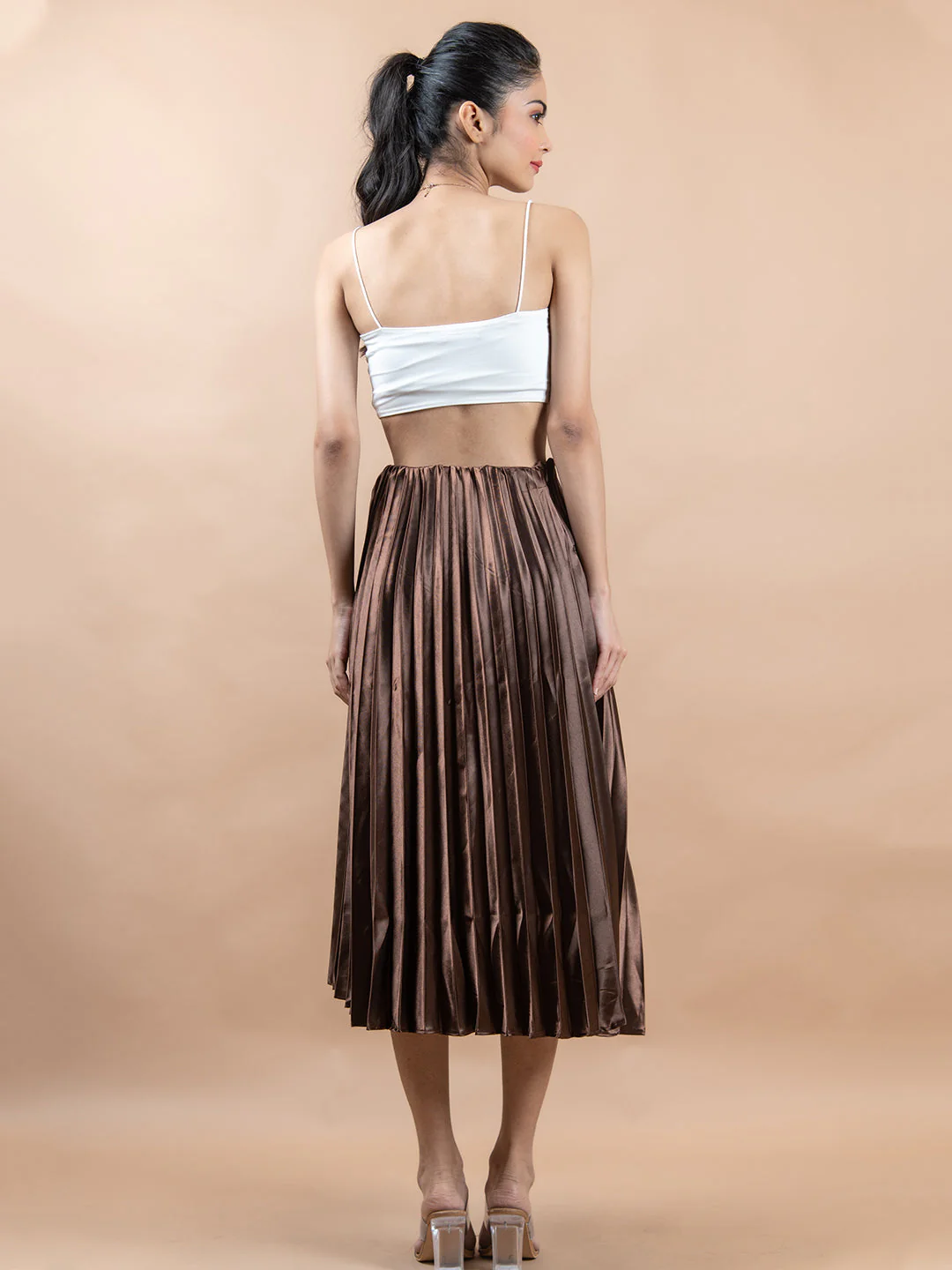 Dark Brown Flared Skirt with Accordion Pleats For Women - Image 4