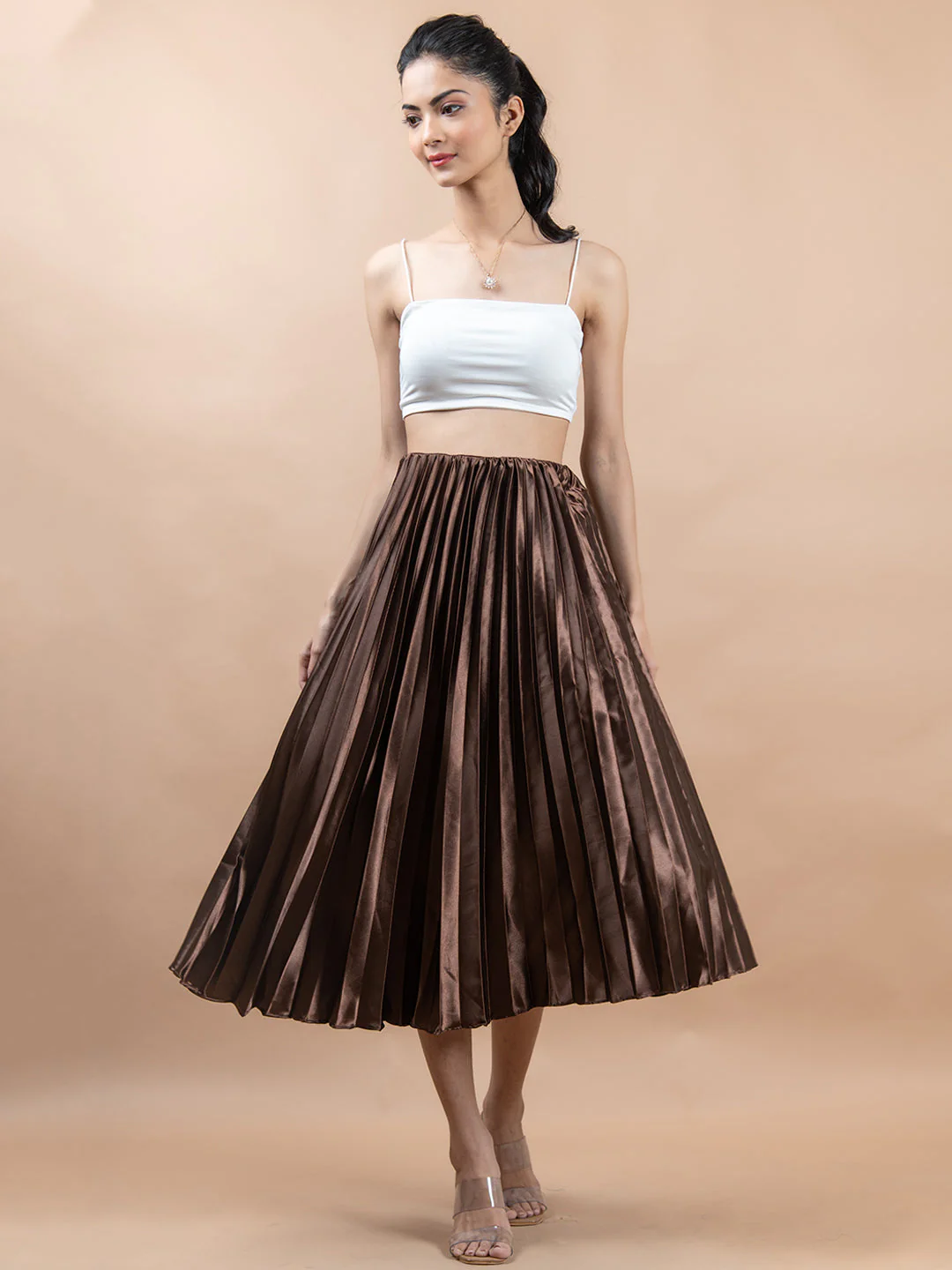 Dark Brown Flared Skirt with Accordion Pleats For Women - Image 6
