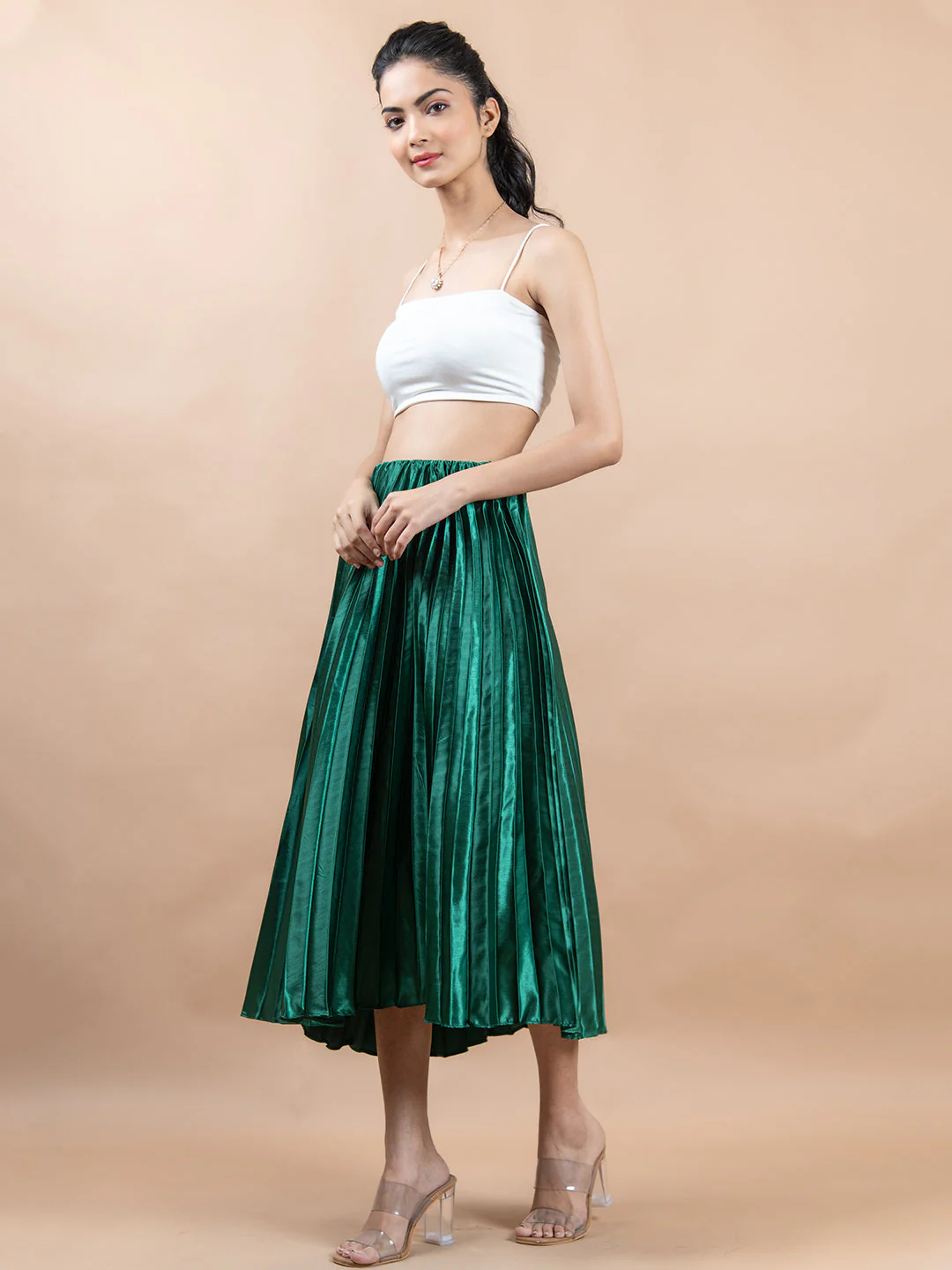 Dark Green Flared Skirt with Accordion Pleats For Women - Image 3