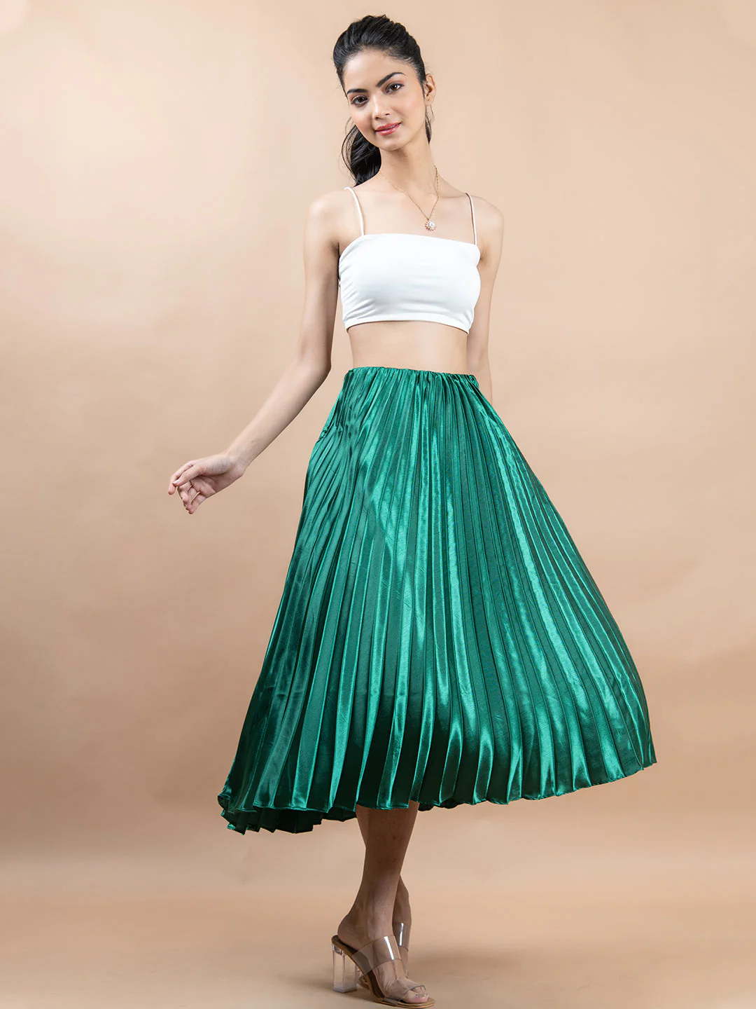 Dark Green Flared Skirt with Accordion Pleats For Women - Image 4