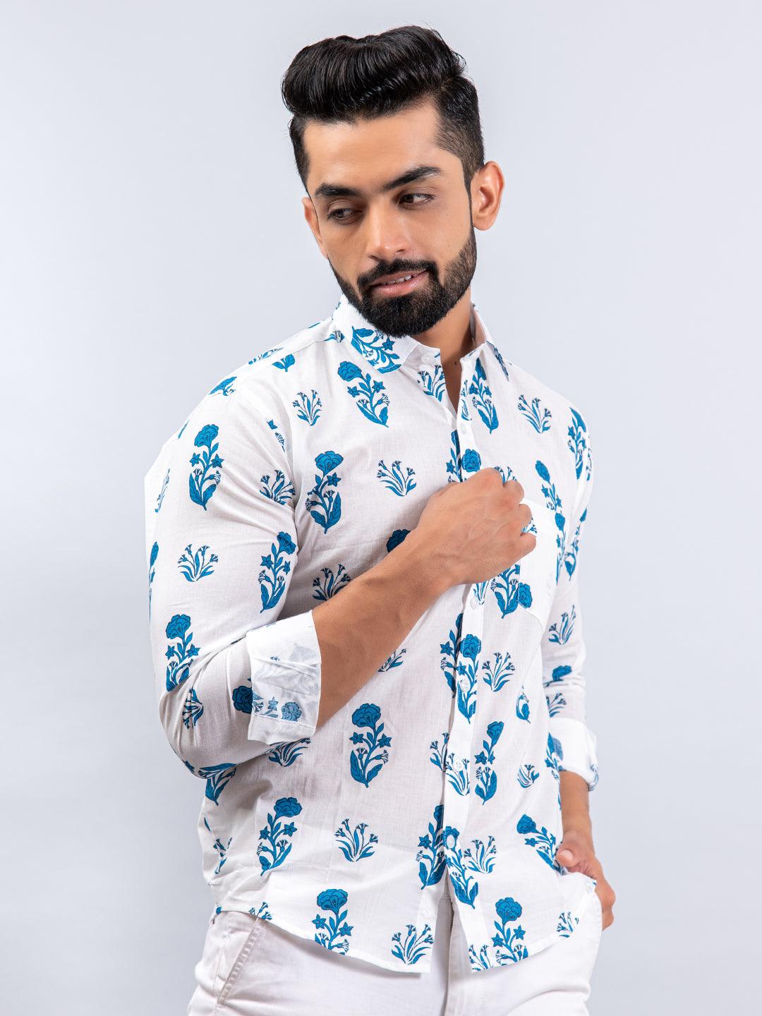 Full Sleeves White & Teal Blue Floral Print Shirt - Image 3