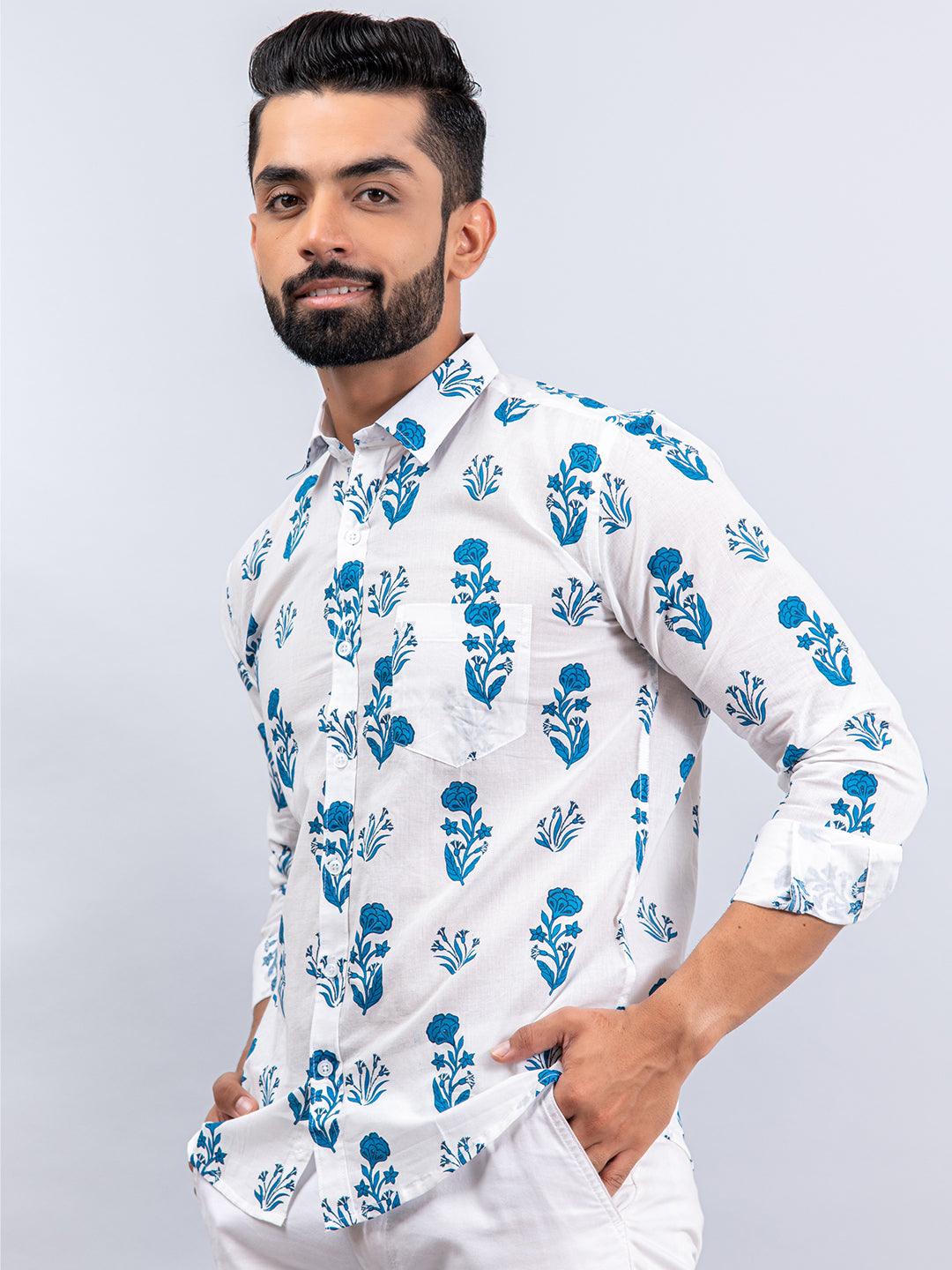 Full Sleeves White & Teal Blue Floral Print Shirt - Image 4