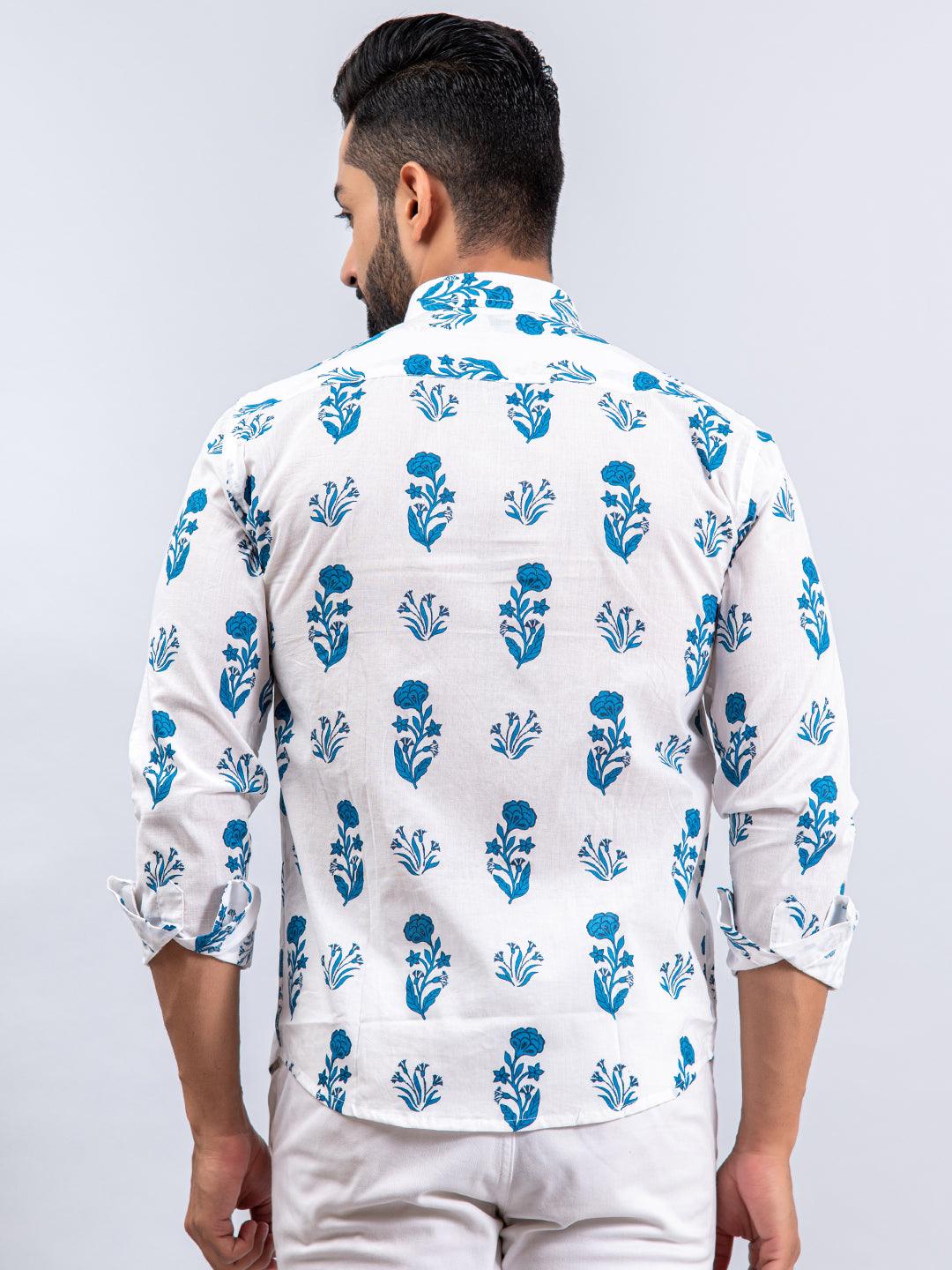 Full Sleeves White & Teal Blue Floral Print Shirt - Image 5
