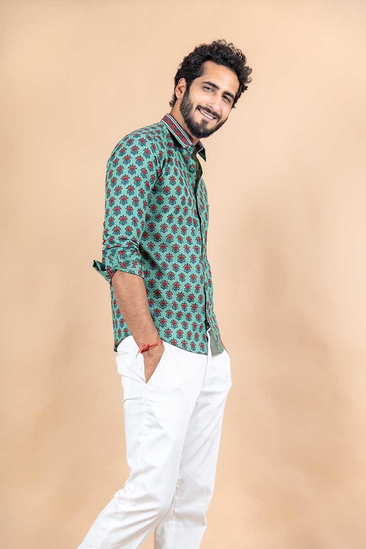 Green Jaipuri Cotton Printed Shirt - Image 3