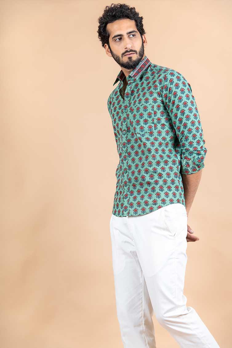Green Jaipuri Cotton Printed Shirt - Image 4