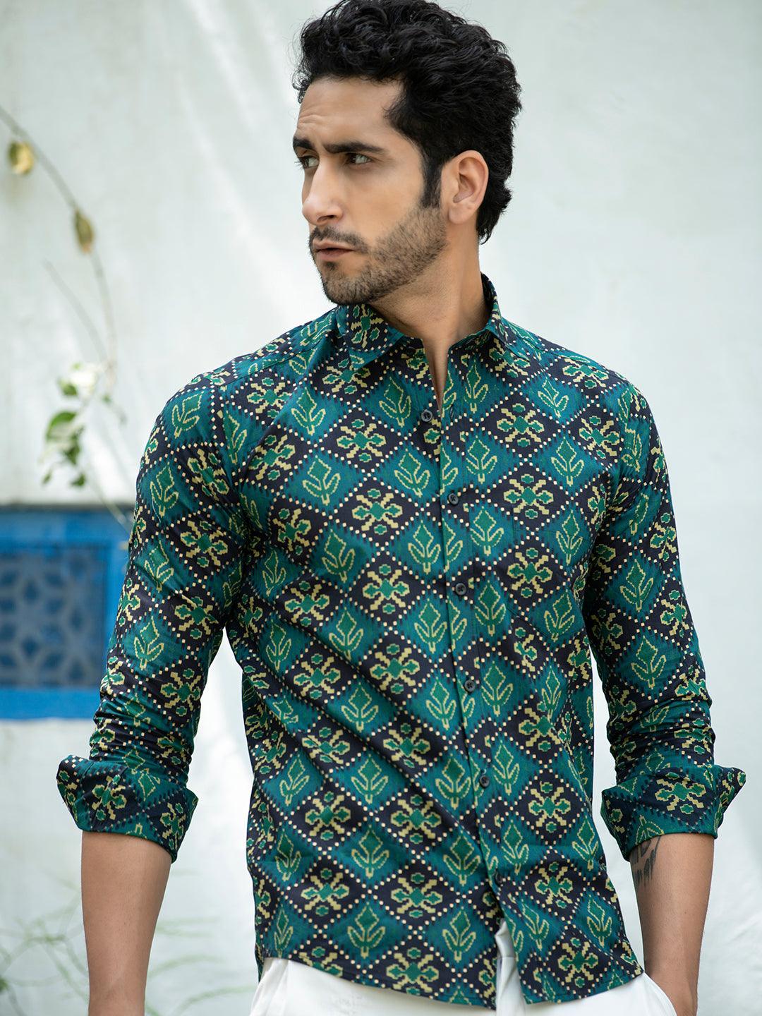 Green Jaipuri Cotton Printed Shirt For Men - Image 3