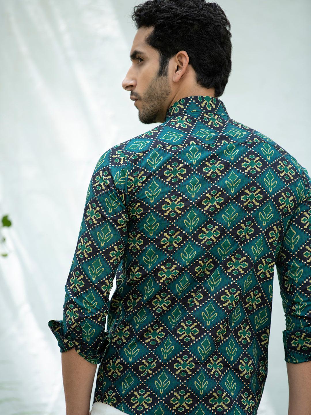 Green Jaipuri Cotton Printed Shirt For Men - Image 5