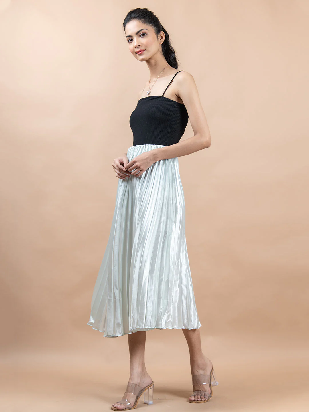 Greenish White Flared Skirt with Accordion Pleats For Women - Image 3
