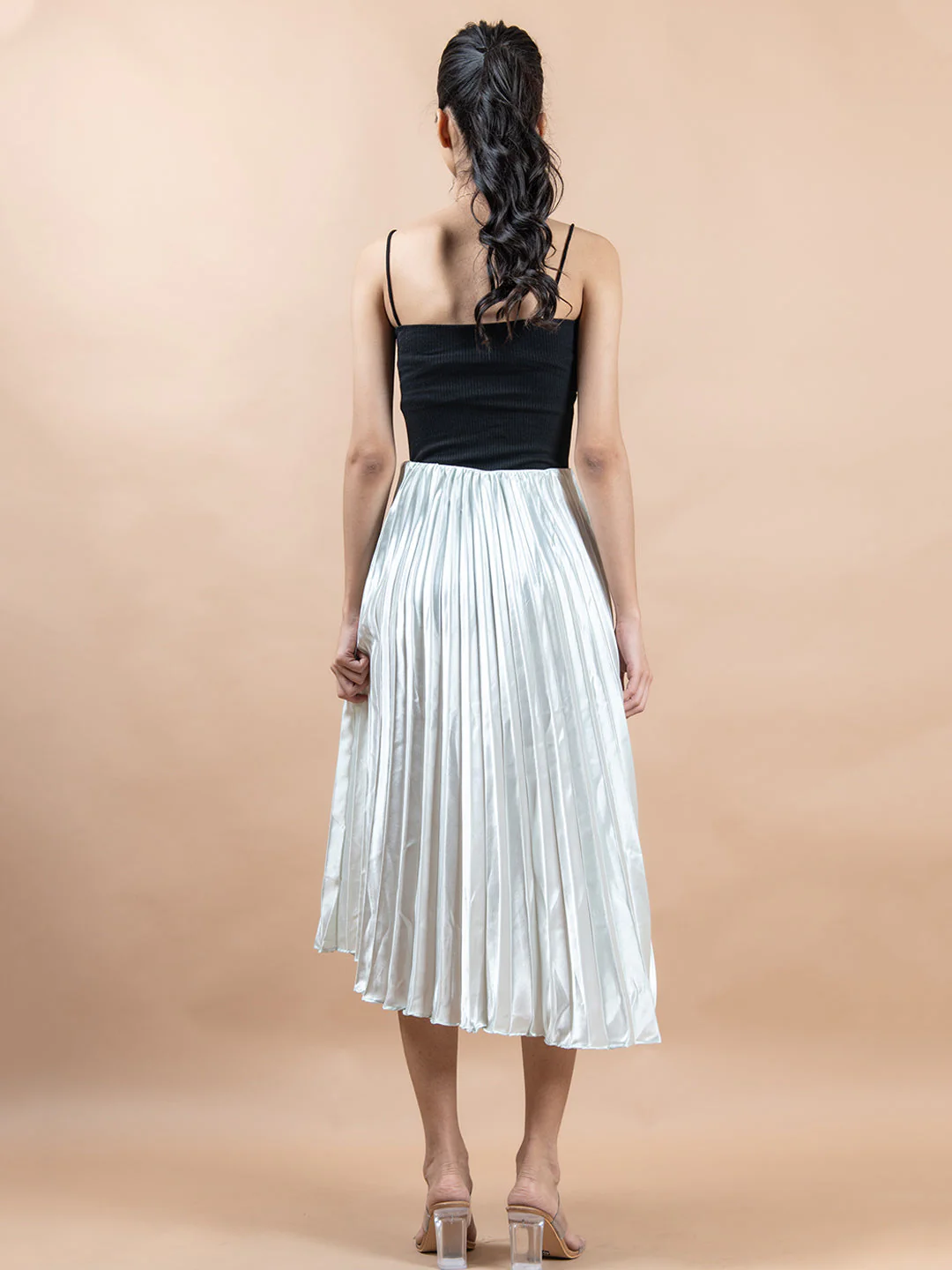 Greenish White Flared Skirt with Accordion Pleats For Women - Image 4
