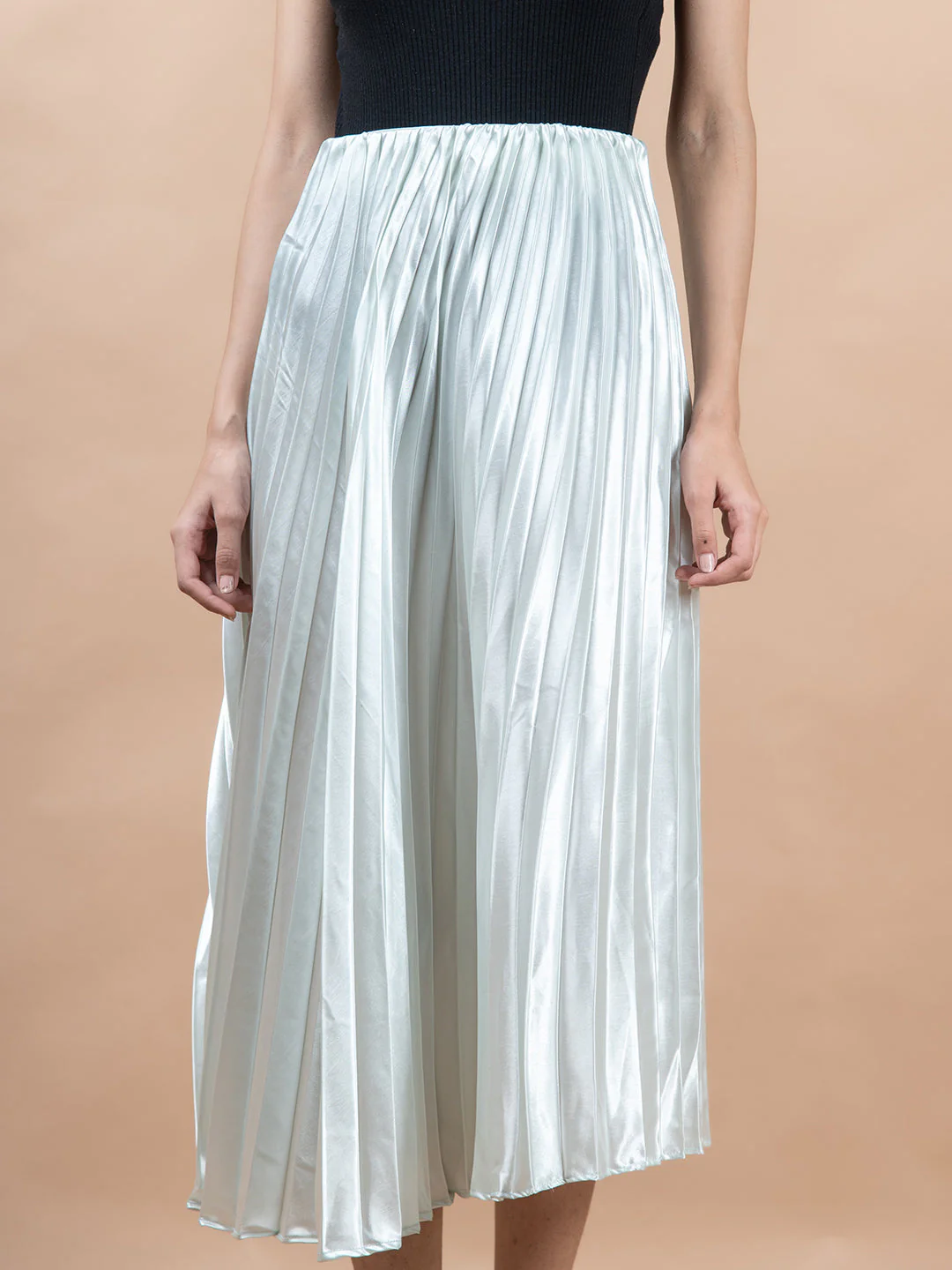 Greenish White Flared Skirt with Accordion Pleats For Women - Image 5
