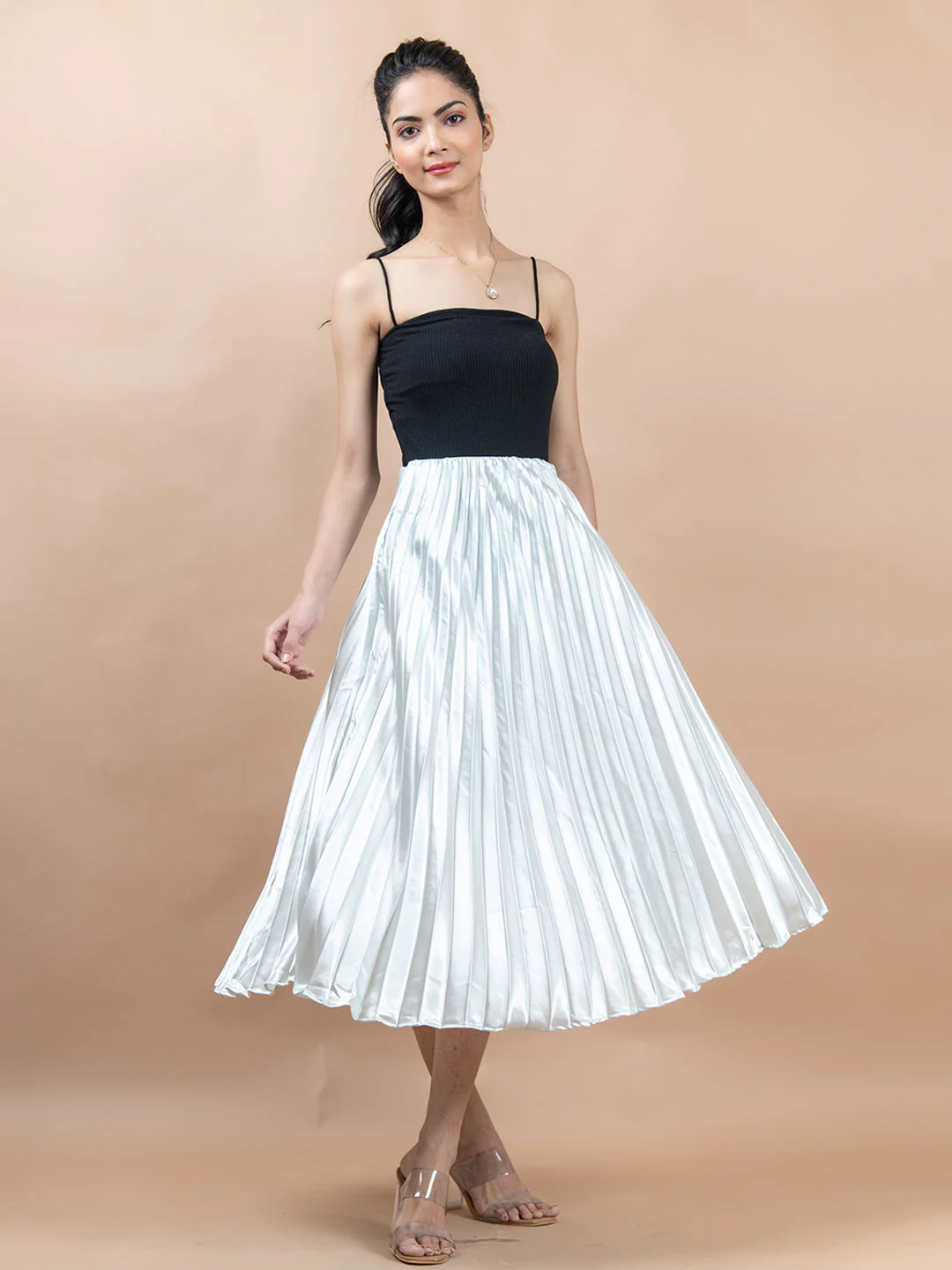 Greenish White Flared Skirt with Accordion Pleats For Women - Image 6