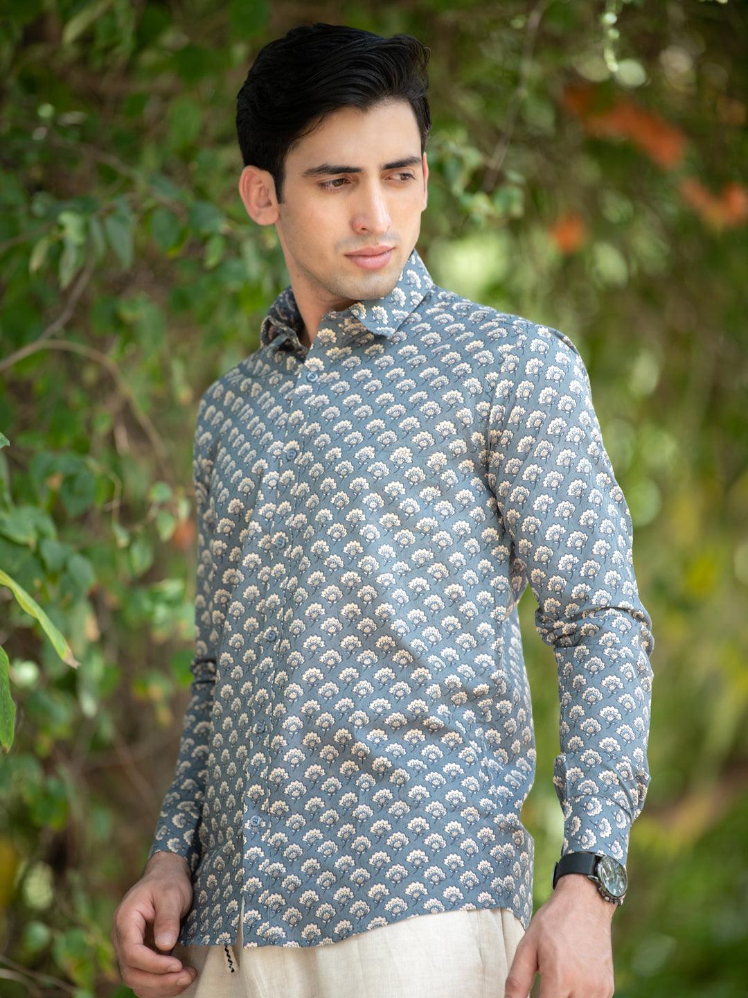 Grey Cotton Jaipuri Printed Shirt - Image 3