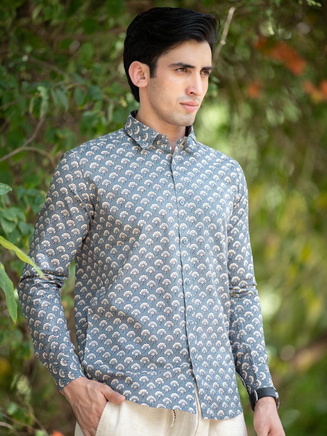 Grey Cotton Jaipuri Printed Shirt - Image 4
