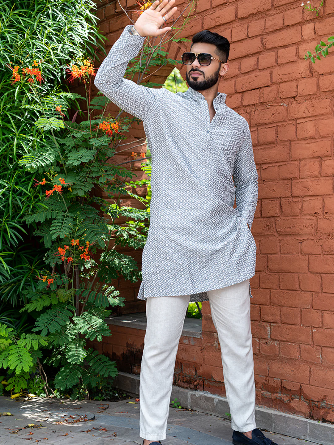 Grey Diamond Embroidered Cotton Mens Kurta - Image 3